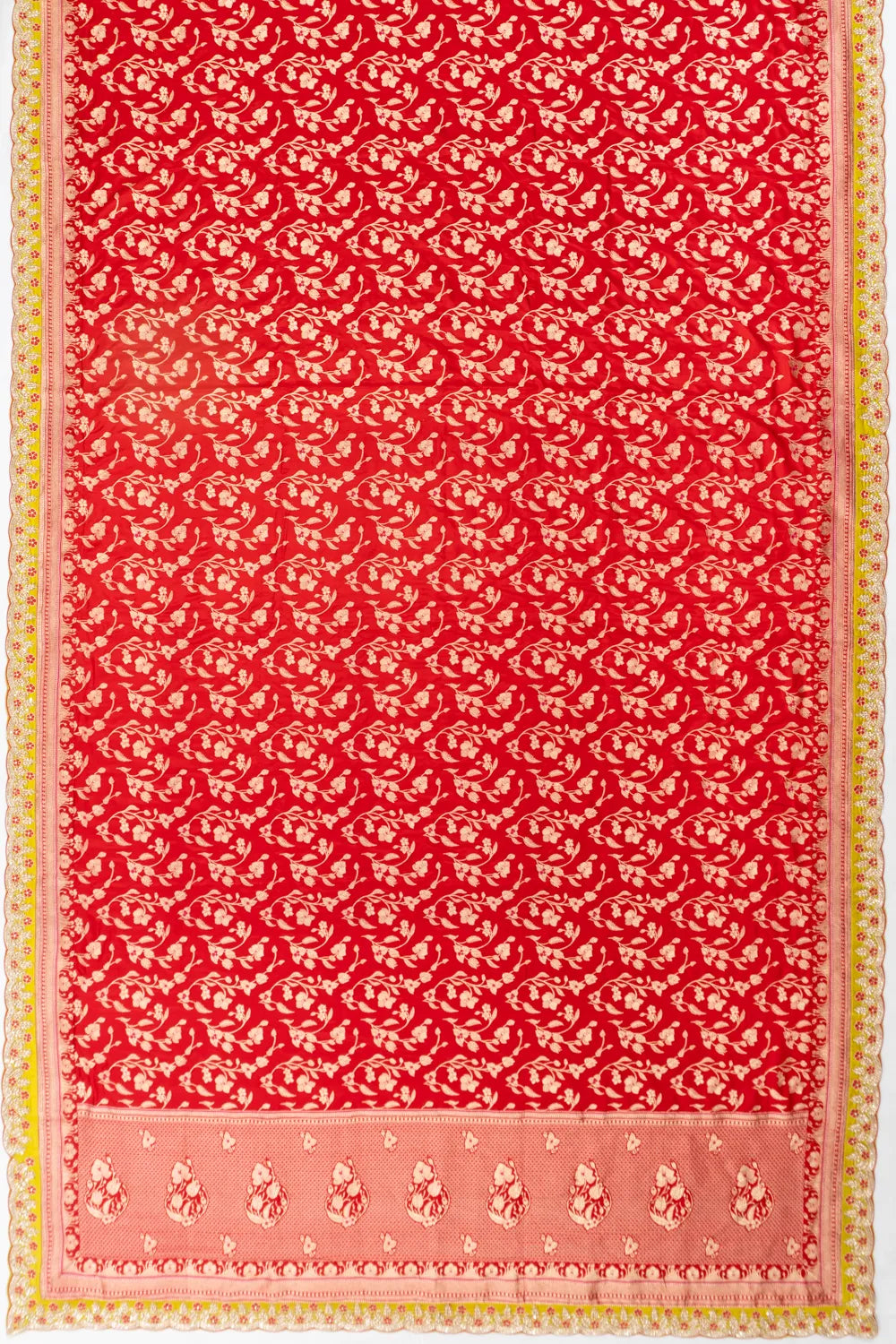 Banarasi Silk Jaal Red Saree With Scallop Border