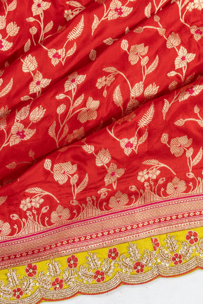 Banarasi Silk Jaal Red Saree With Scallop Border