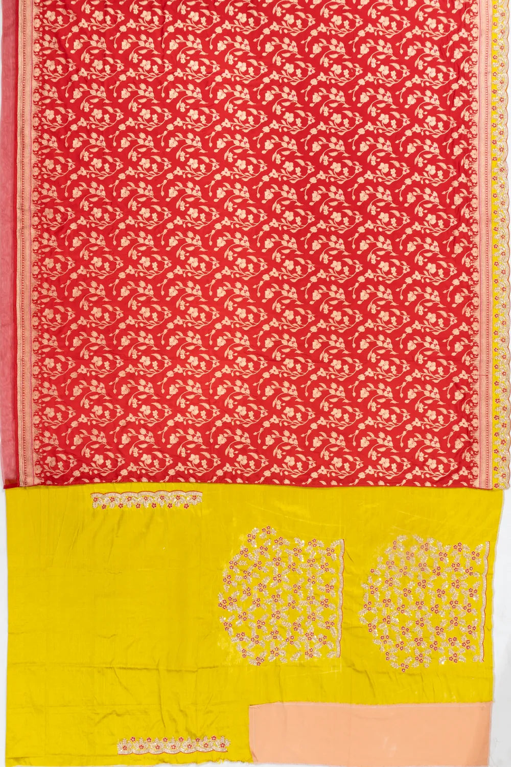 Banarasi Silk Jaal Red Saree With Scallop Border