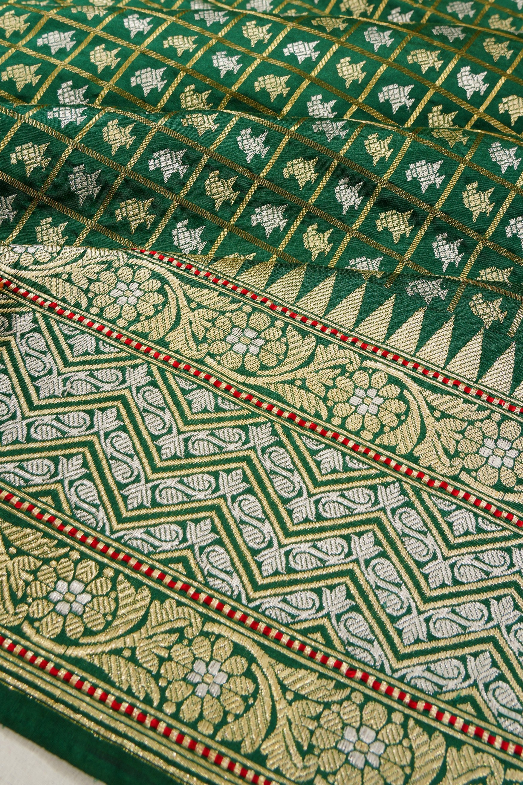 Banarasi Silk Checks And Butta Green Saree