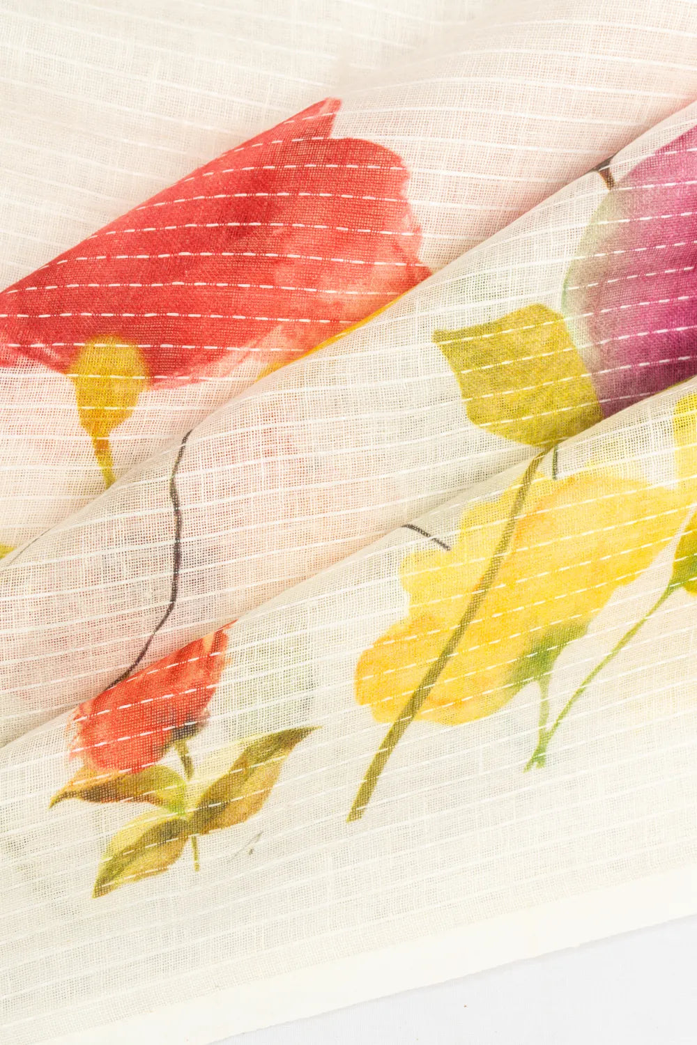 Linen Floral Printed White Saree With Kantha Work