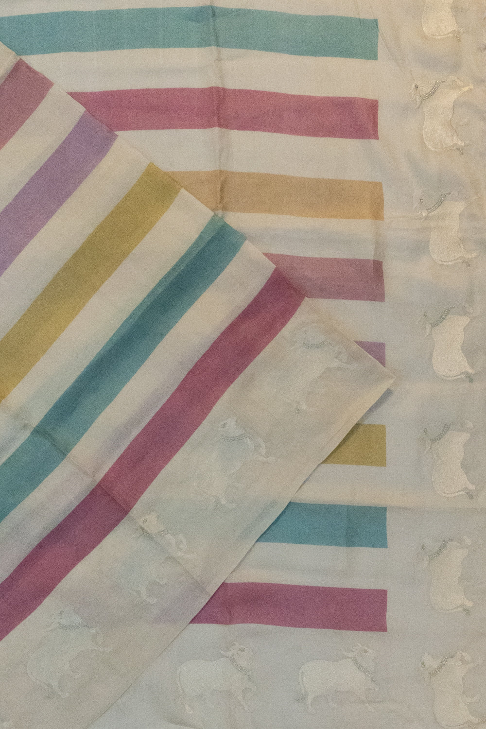 Soft Tussar Rinbow Lines Cream Saree With Pichwai Cow