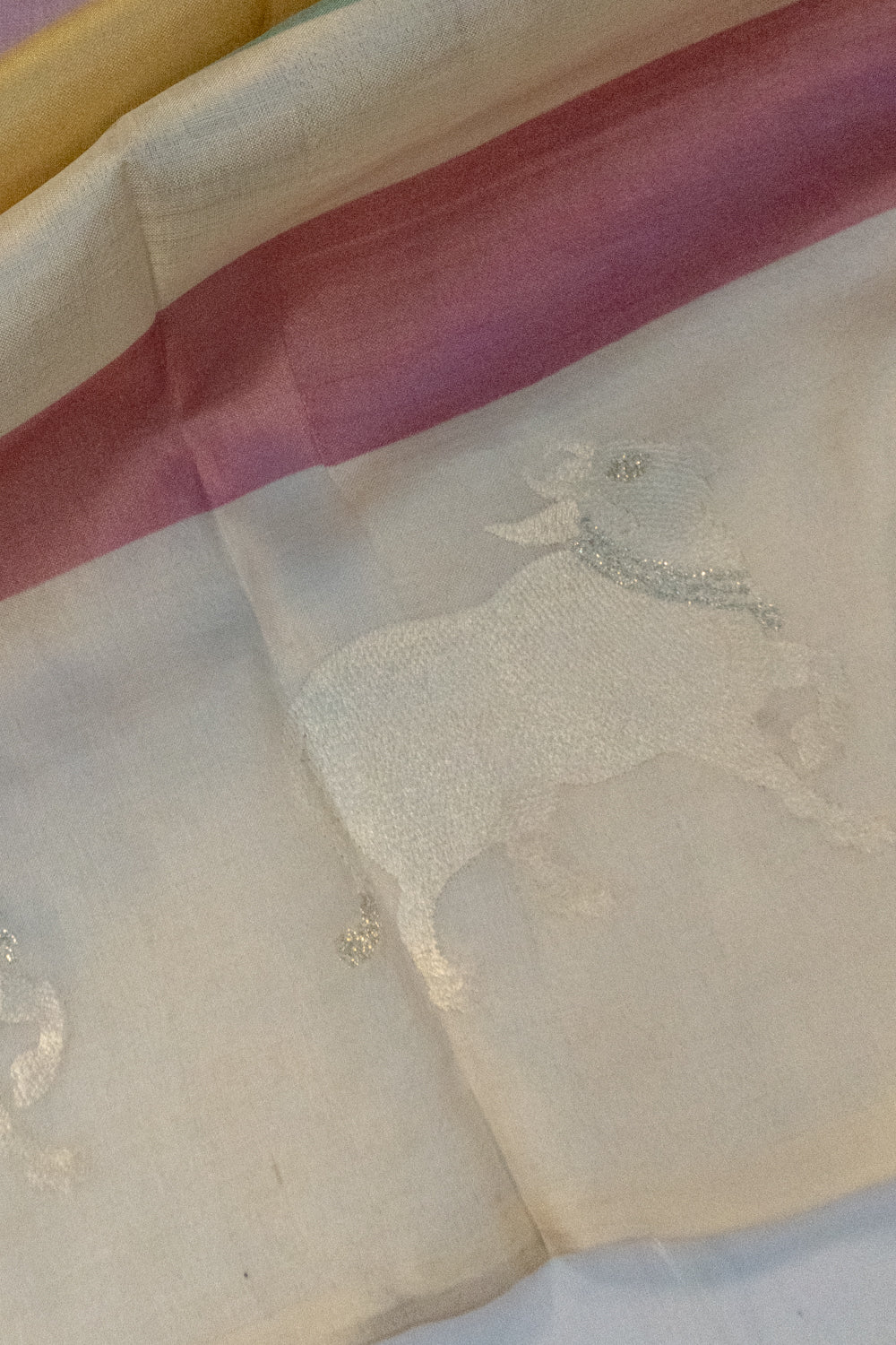 Soft Tussar Rinbow Lines Cream Saree With Pichwai Cow