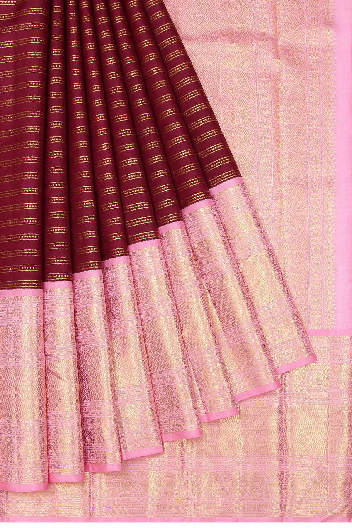 Kanchipuram Silk Horizontal Lines Brown Saree 1214886469