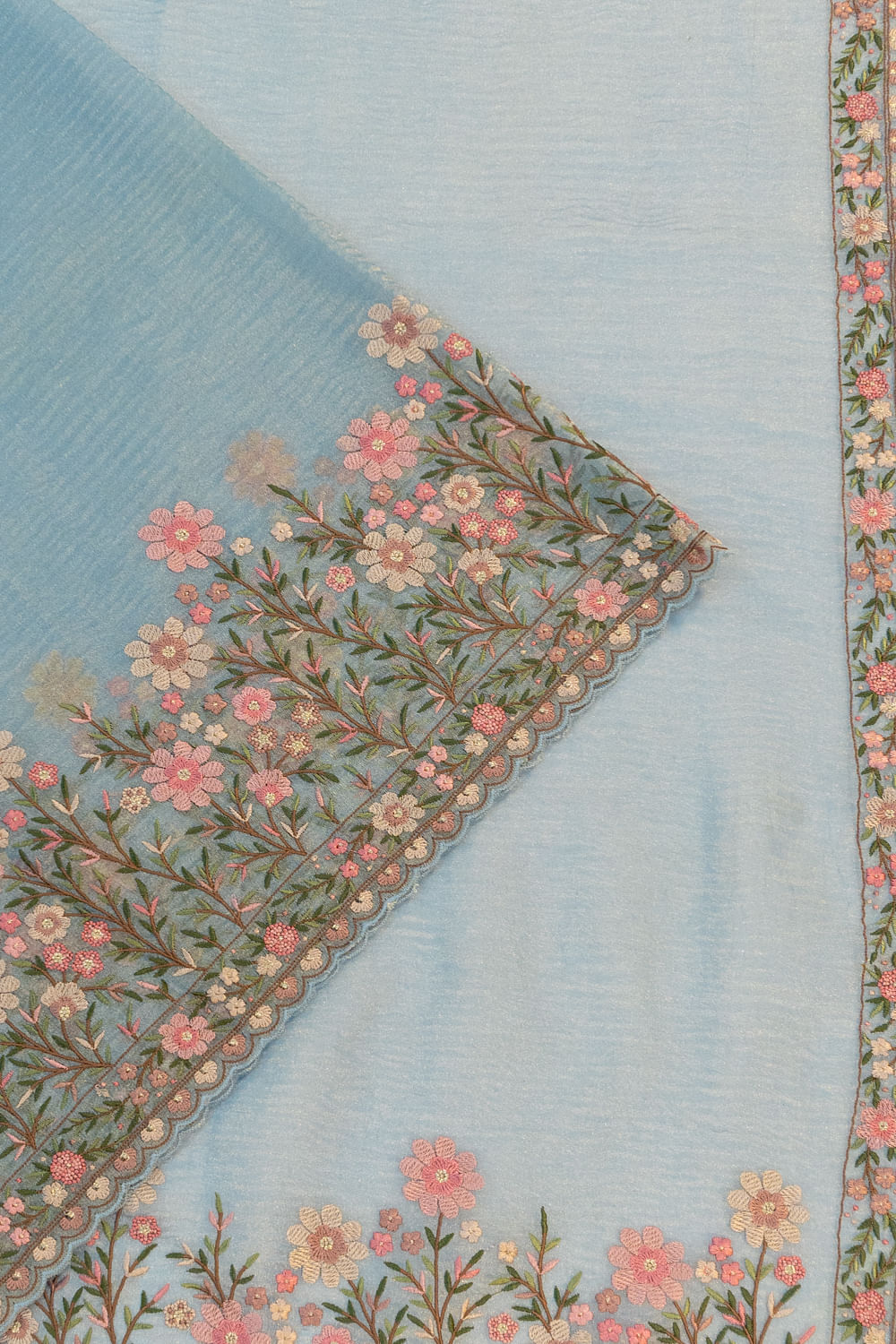 Organza Crushed Plain Pastel Blue Saree With Scallop Border