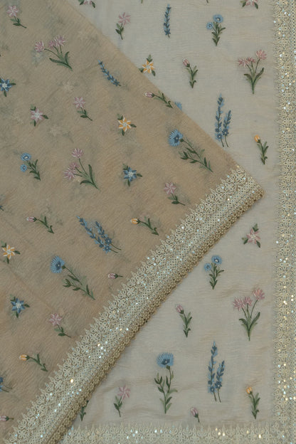 Organza Crushed Embroidery Butta Beige Saree With Lace Edge