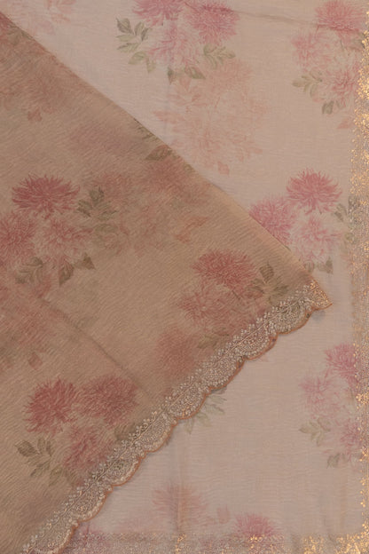 Organza Crushed Tissue Floral Printed Peach Saree With Scall