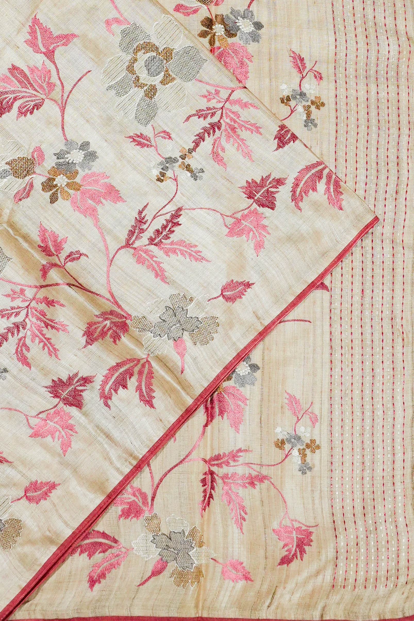 Bhagalpuri Tussar All Over Floral Embroidery Beige Saree 1214906999