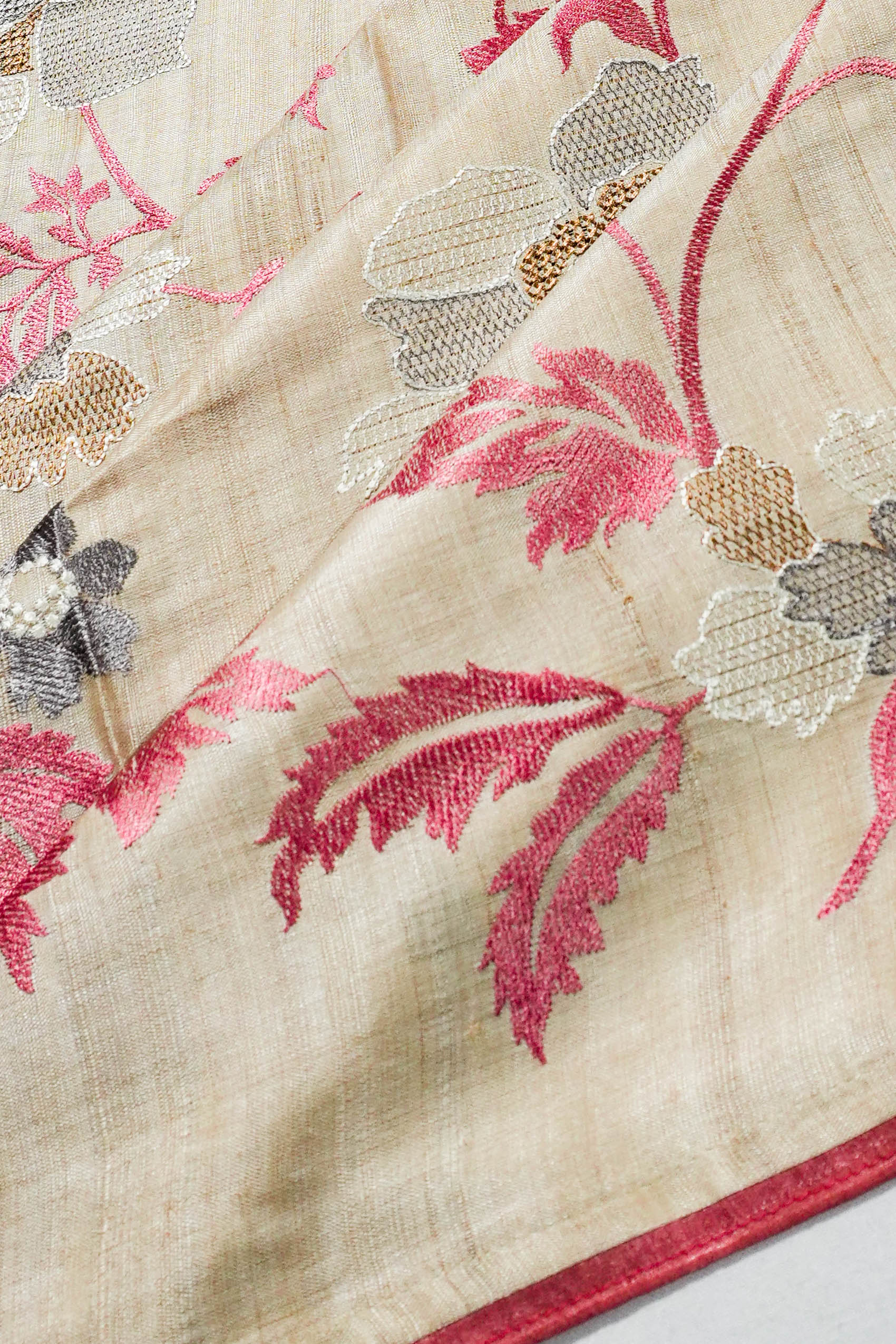 Bhagalpuri Tussar All Over Floral Embroidery Beige Saree 1214906999