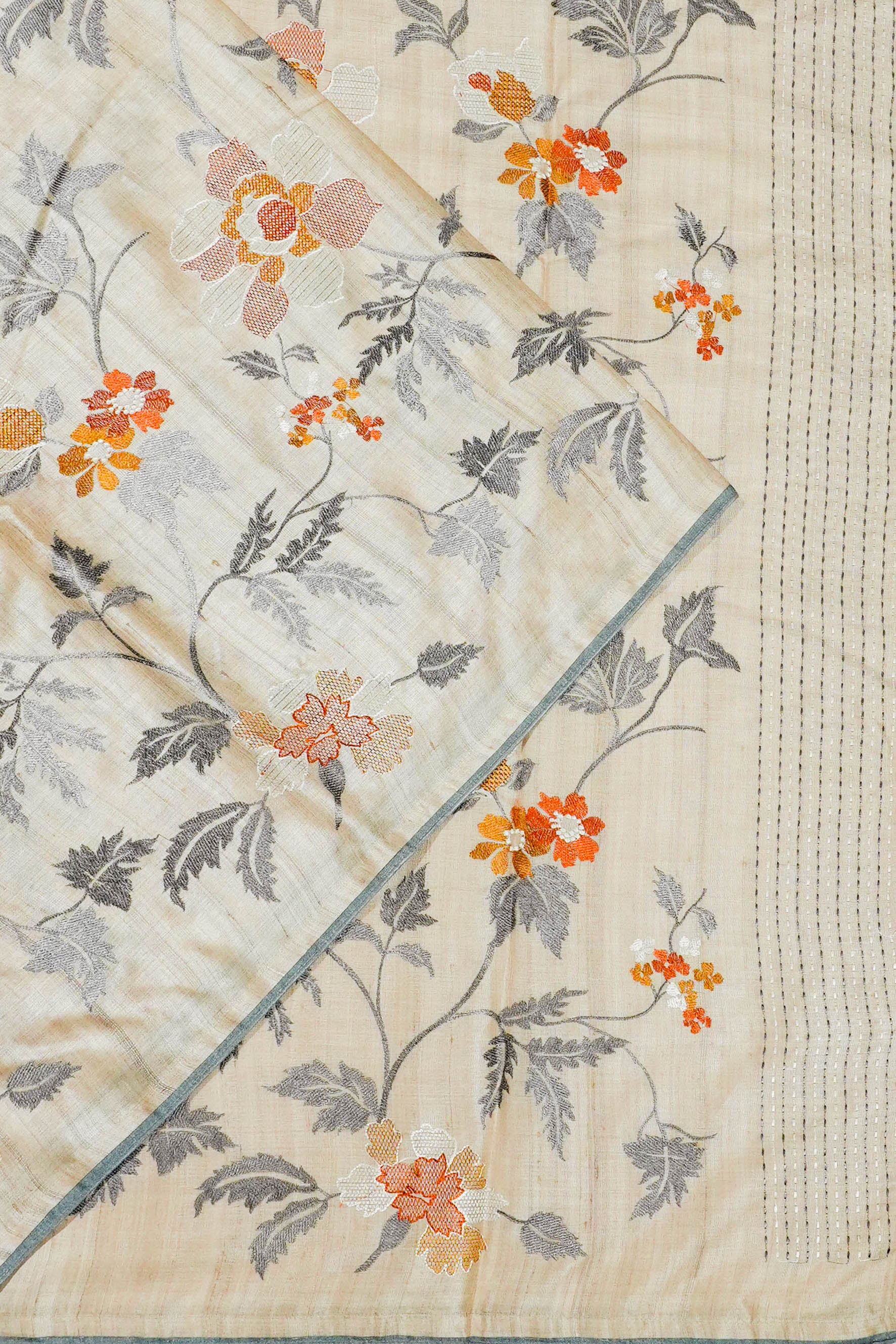 Bhagalpuri Tussar All Over Floral Embroidery Beige Saree 1214907000