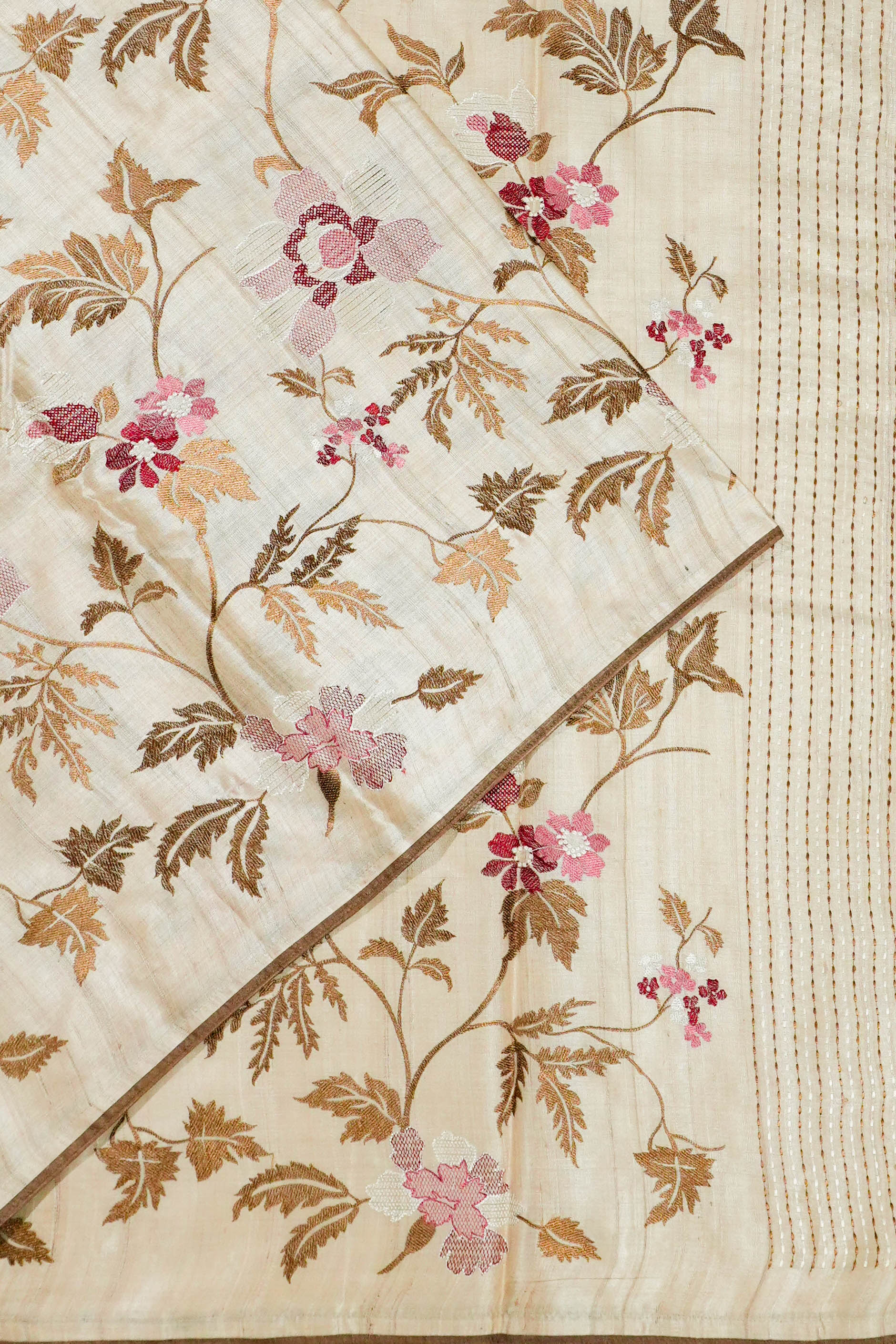 Bhagalpuri Tussar All Over Floral Embroidery Beige Saree 1214907001