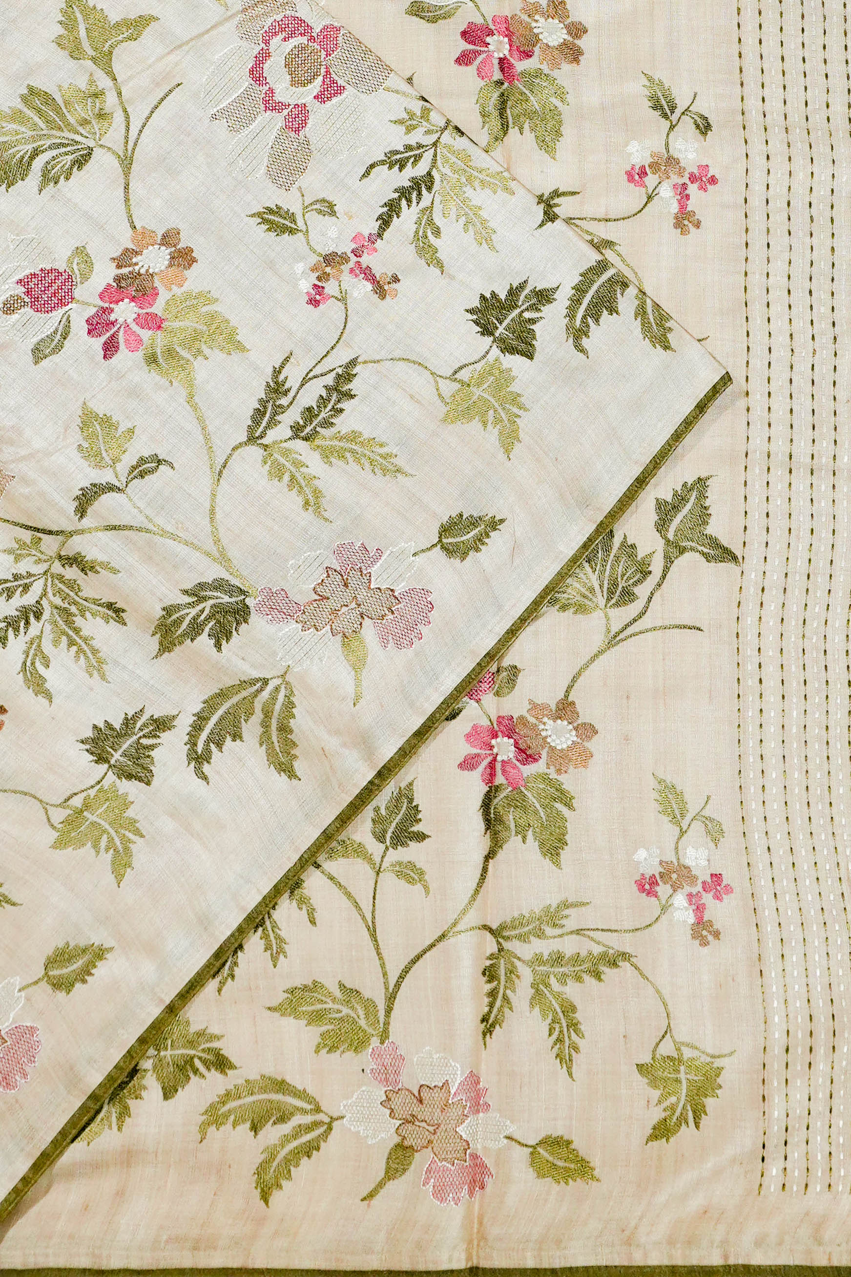 Bhagalpuri Tussar All Over Floral Embroidery Beige Saree 1214907002