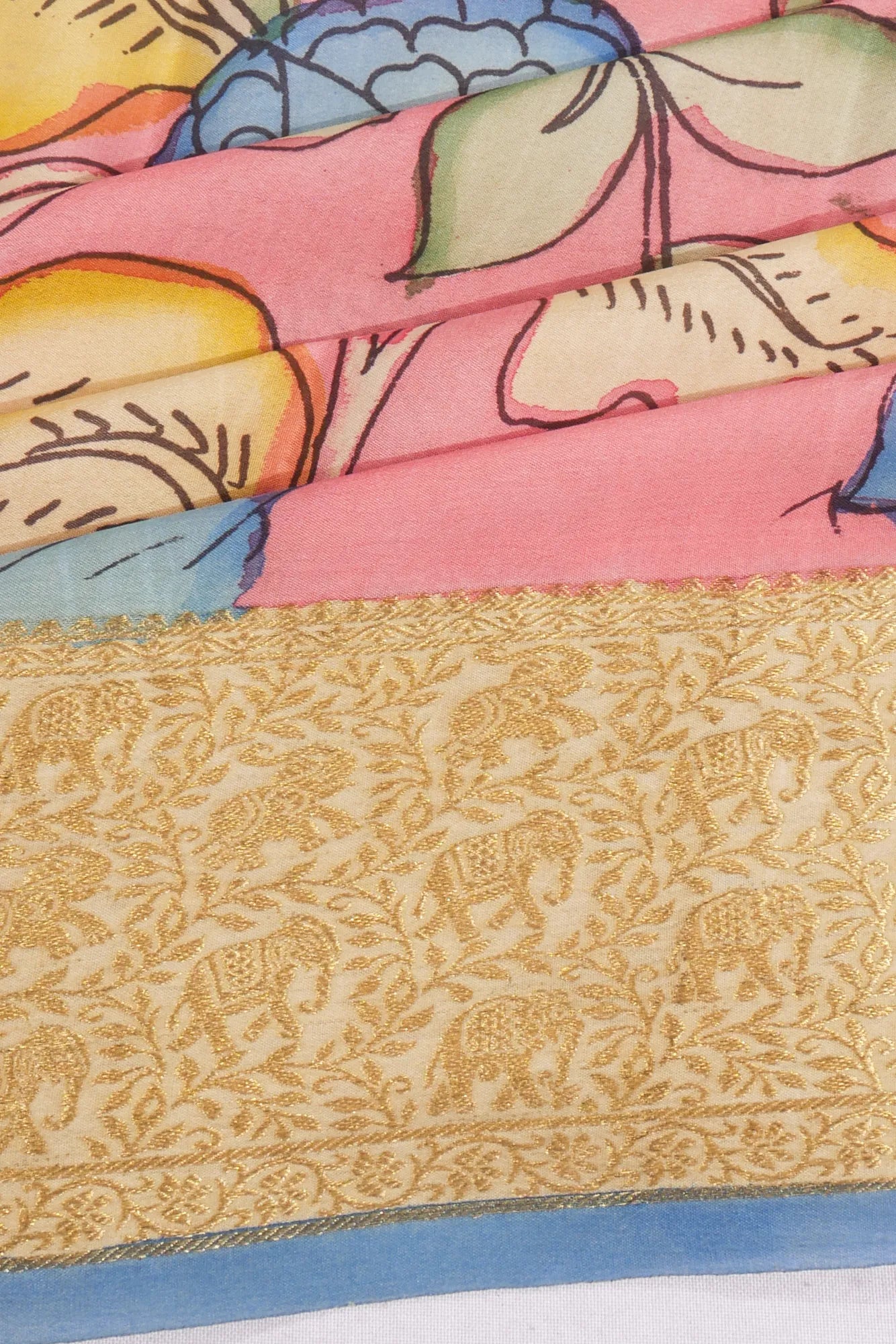 Kankatala Kanchipuram Silk Kalamkari Handpainted Peach Saree g2