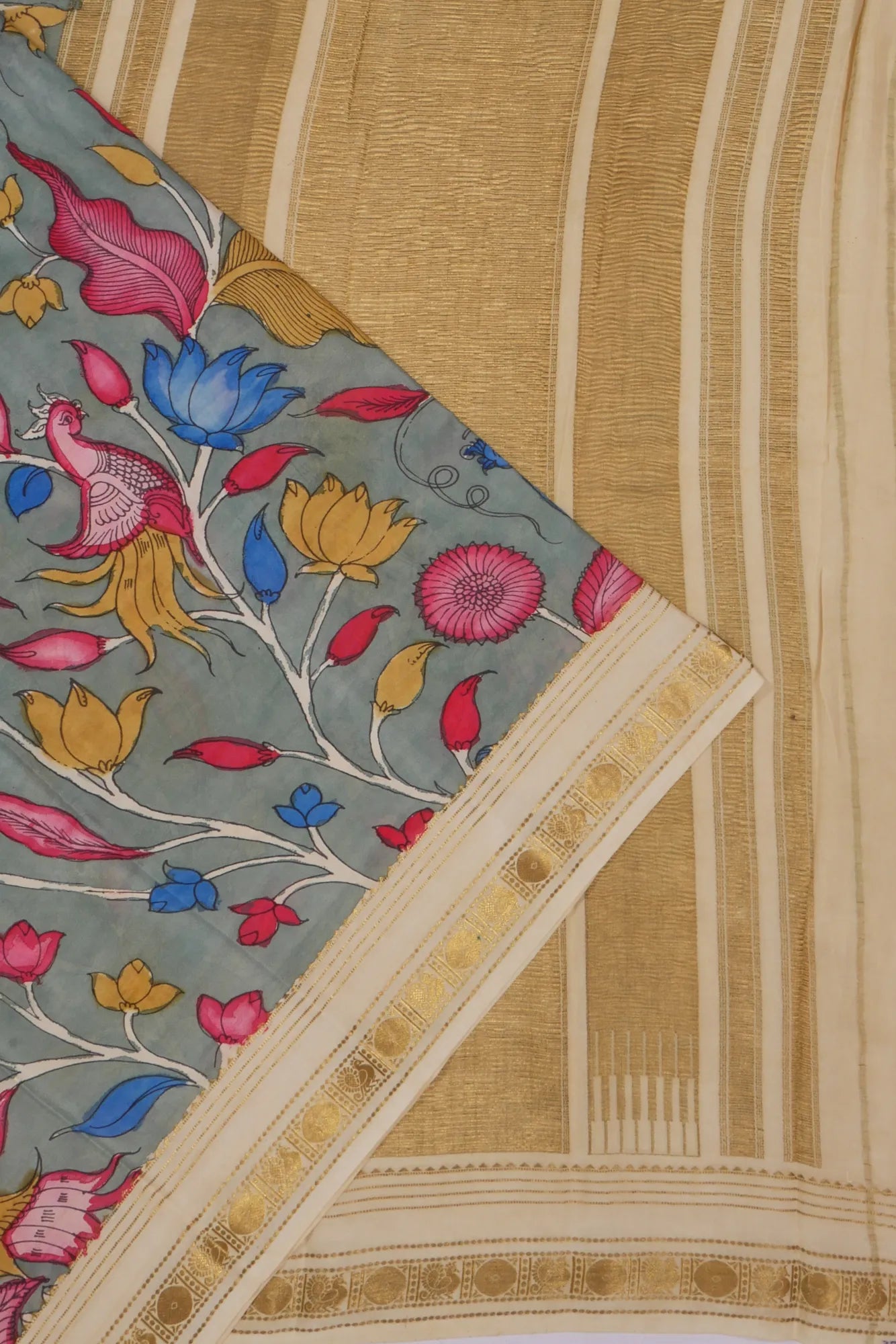 Kankatala Georgette Kalamkari Handpainted Grey Saree g2