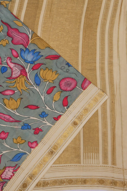 Kankatala Georgette Kalamkari Handpainted Grey Saree g2
