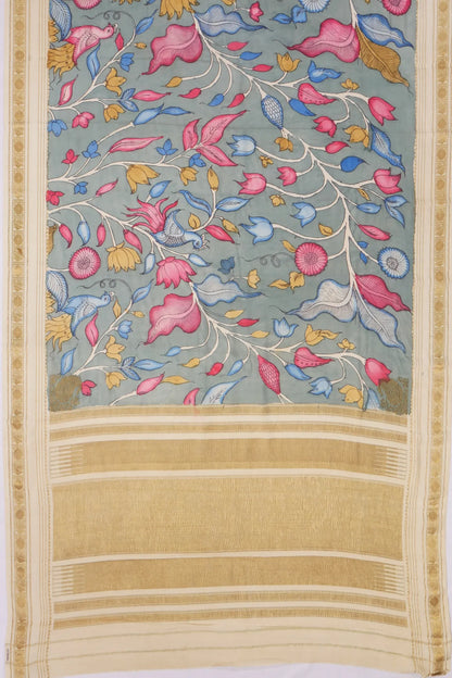 Kankatala Georgette Kalamkari Handpainted Grey Saree g2