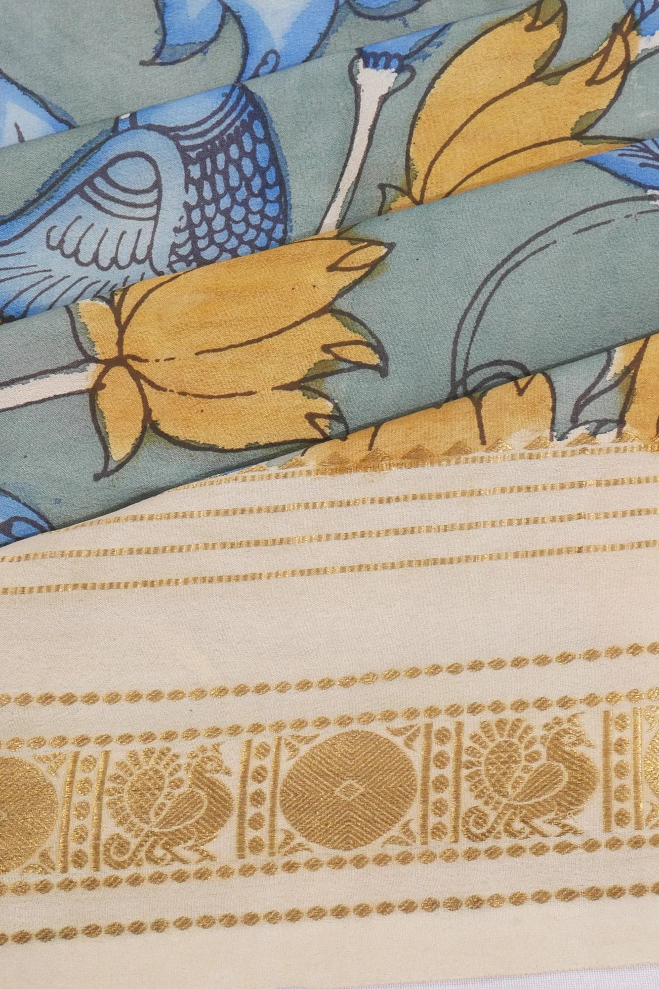 Mysore Silk Kalamkari Handpainted Grey Saree