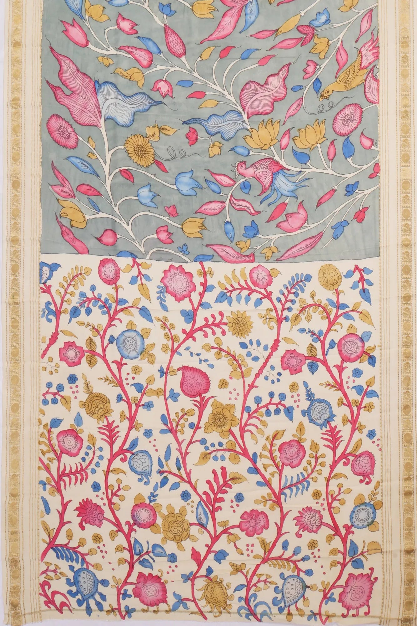 Kankatala Georgette Kalamkari Handpainted Grey Saree g2