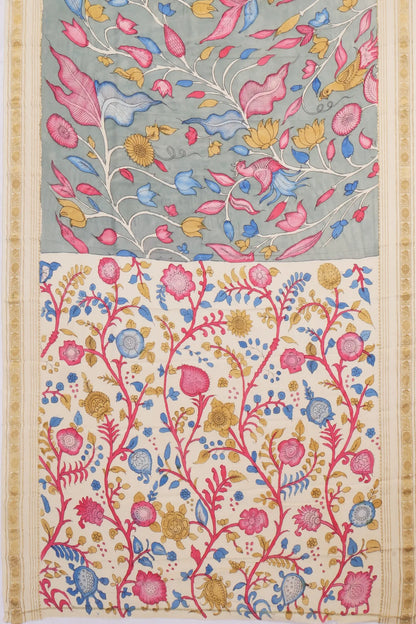 Kankatala Georgette Kalamkari Handpainted Grey Saree g2