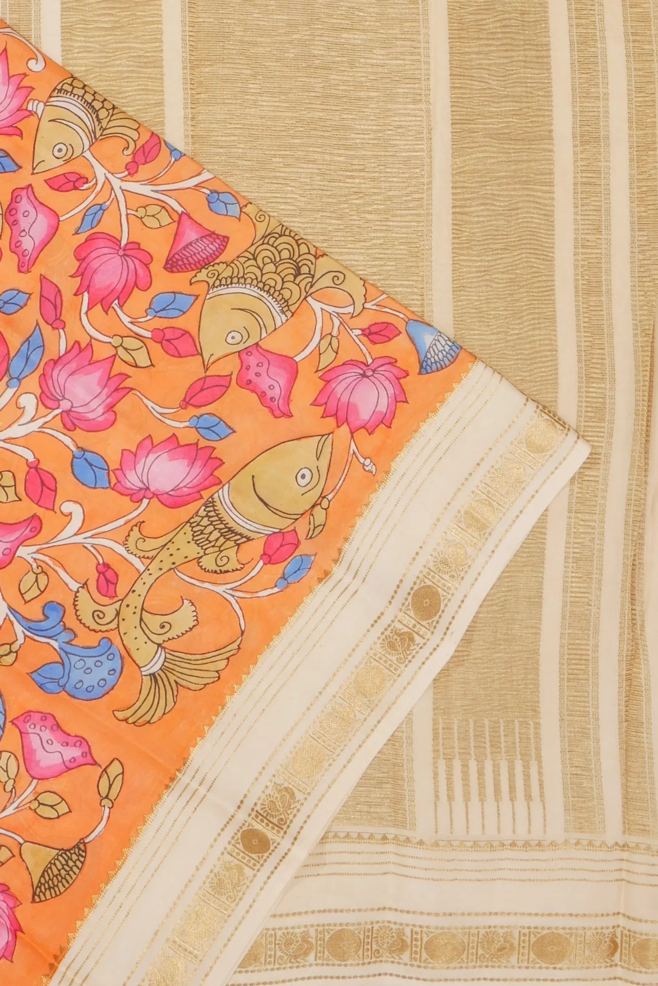 Kankatala Georgette Kalamkari Handpainted Orange Saree g2