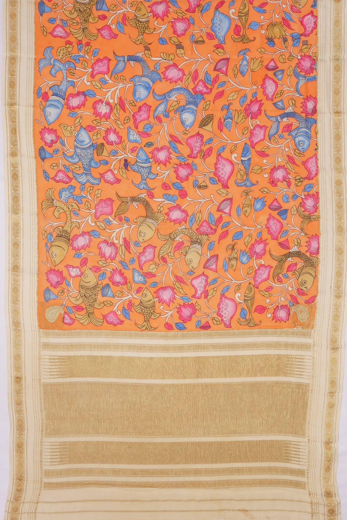 Kankatala Georgette Kalamkari Handpainted Orange Saree g2