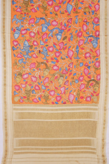 Kankatala Georgette Kalamkari Handpainted Orange Saree g2