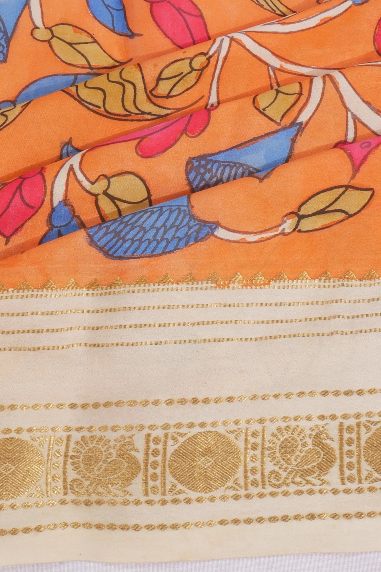 Mysore Silk Kalamkari Handpainted Orange Saree