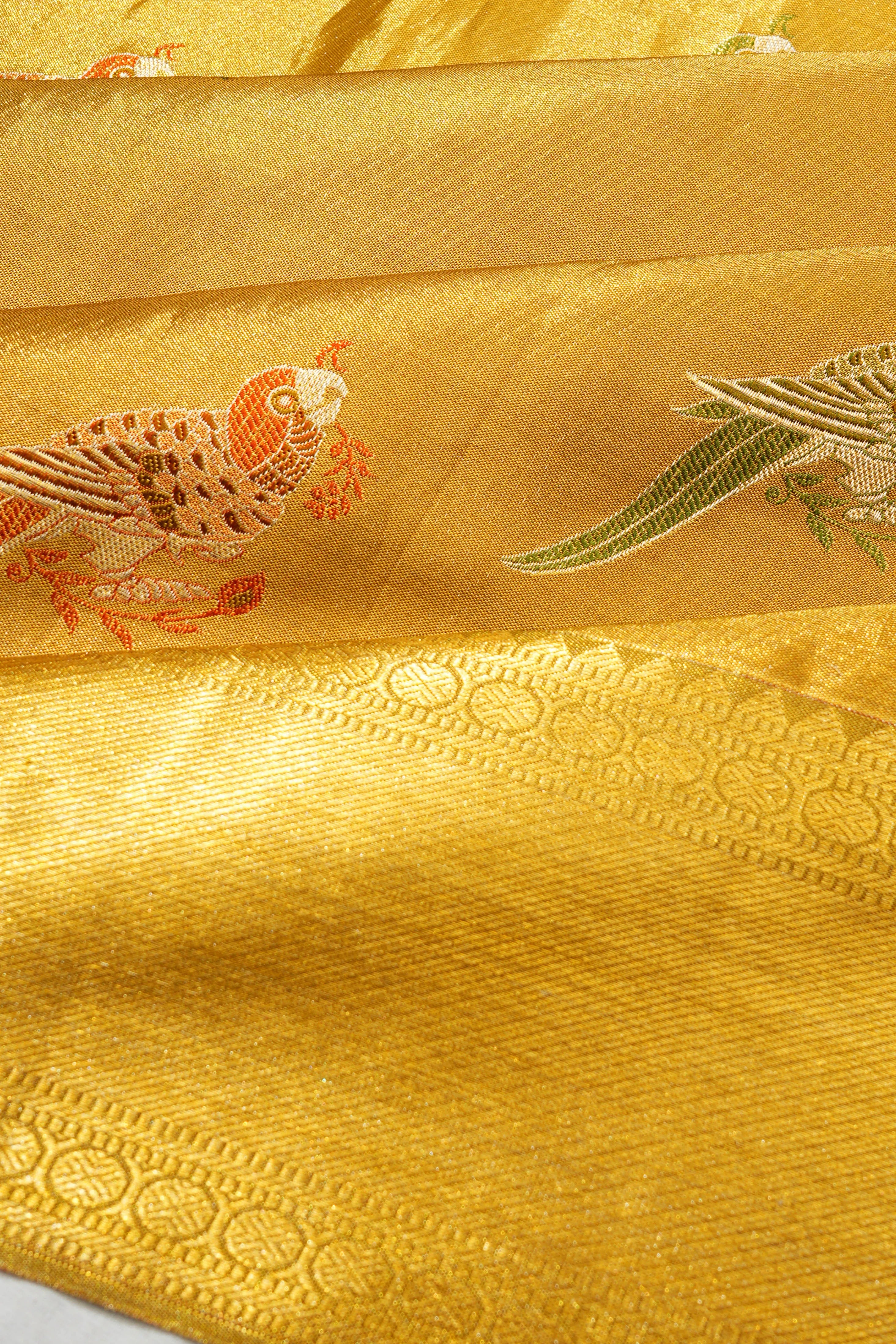 Kanchipuram Silk Tissue Meenakari Butta Gold Saree
