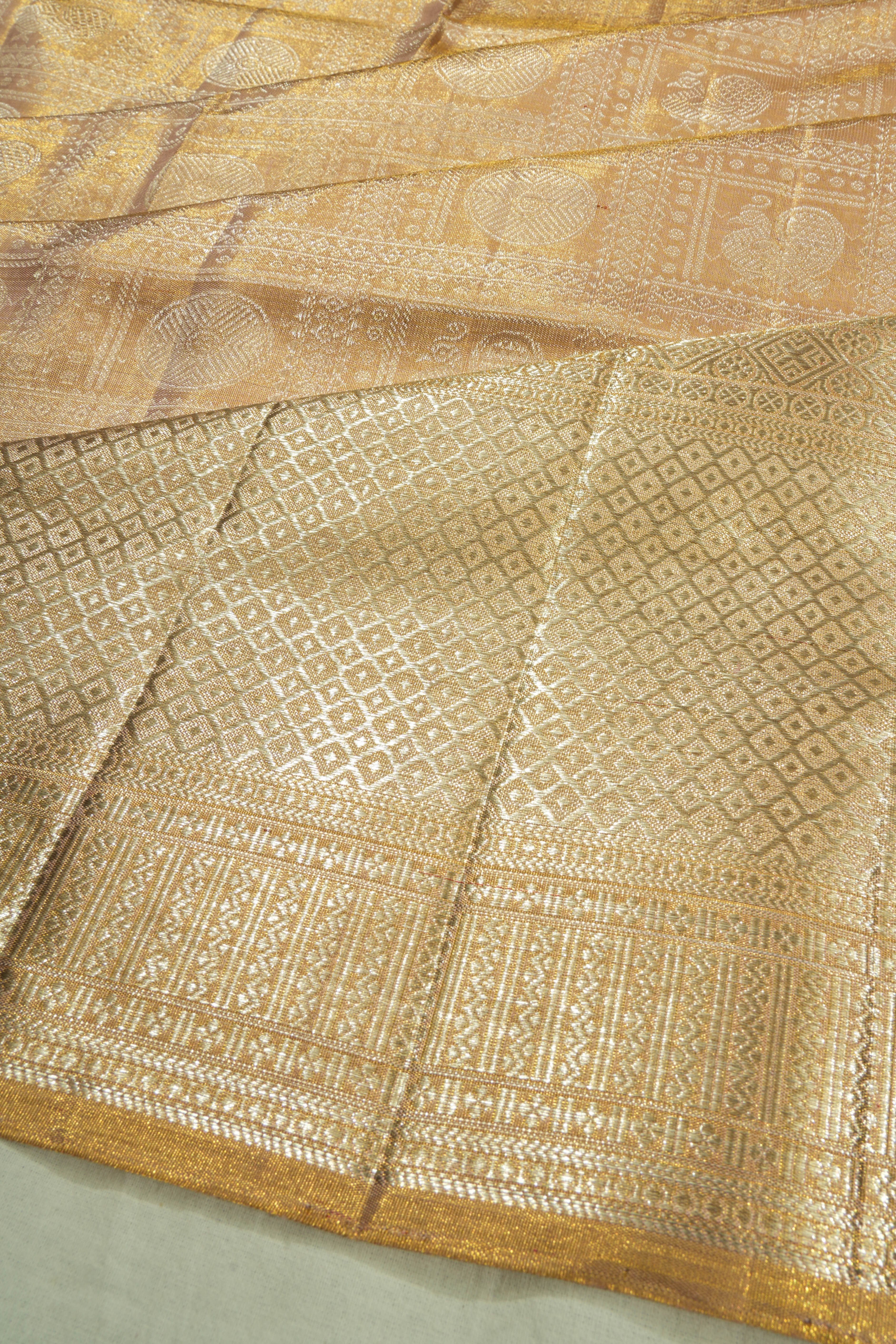 Kanchipuram Silk Checks And Butta Brown Saree 1214927077