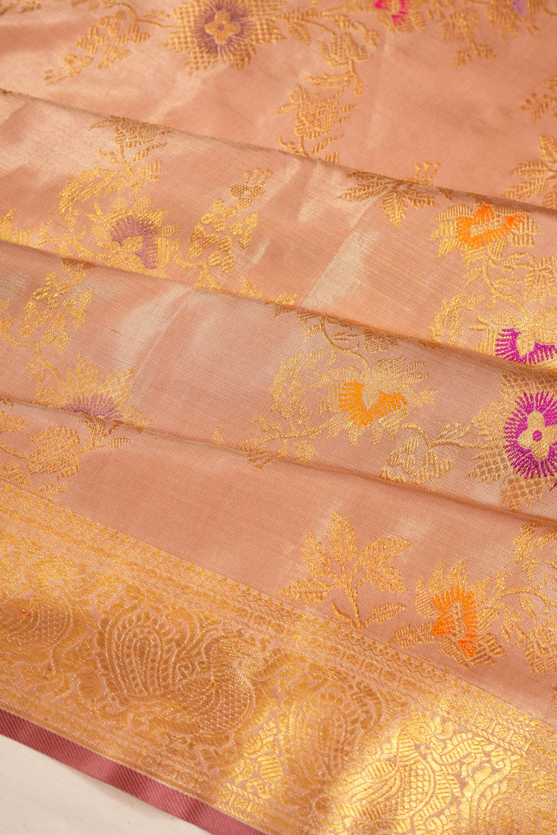 Kanchipuram Silk Tissue Meenakari Jaal Peach Saree