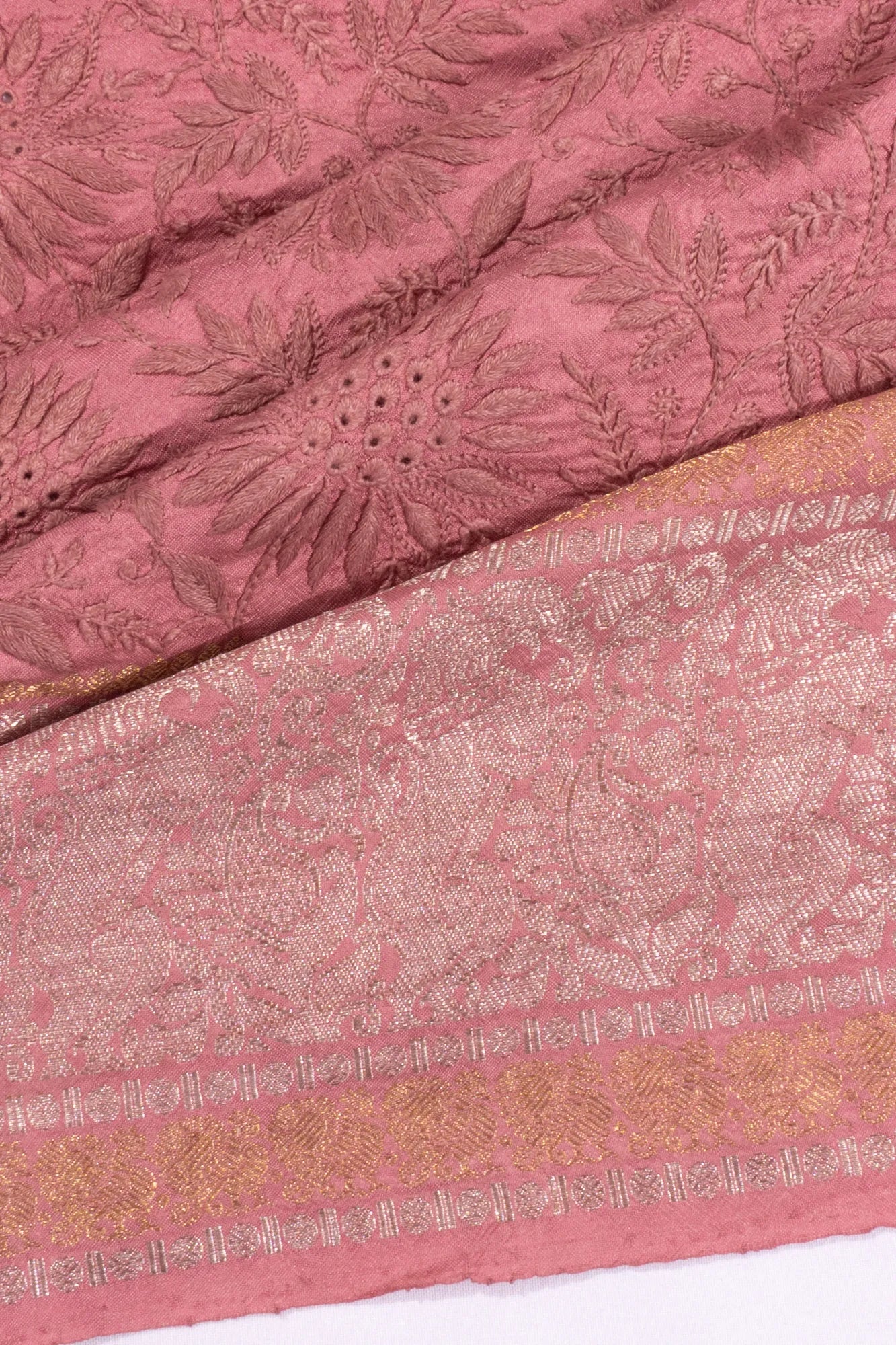 Kanchipuram X Chikankari Silk Embroidery Brocade Peach Saree