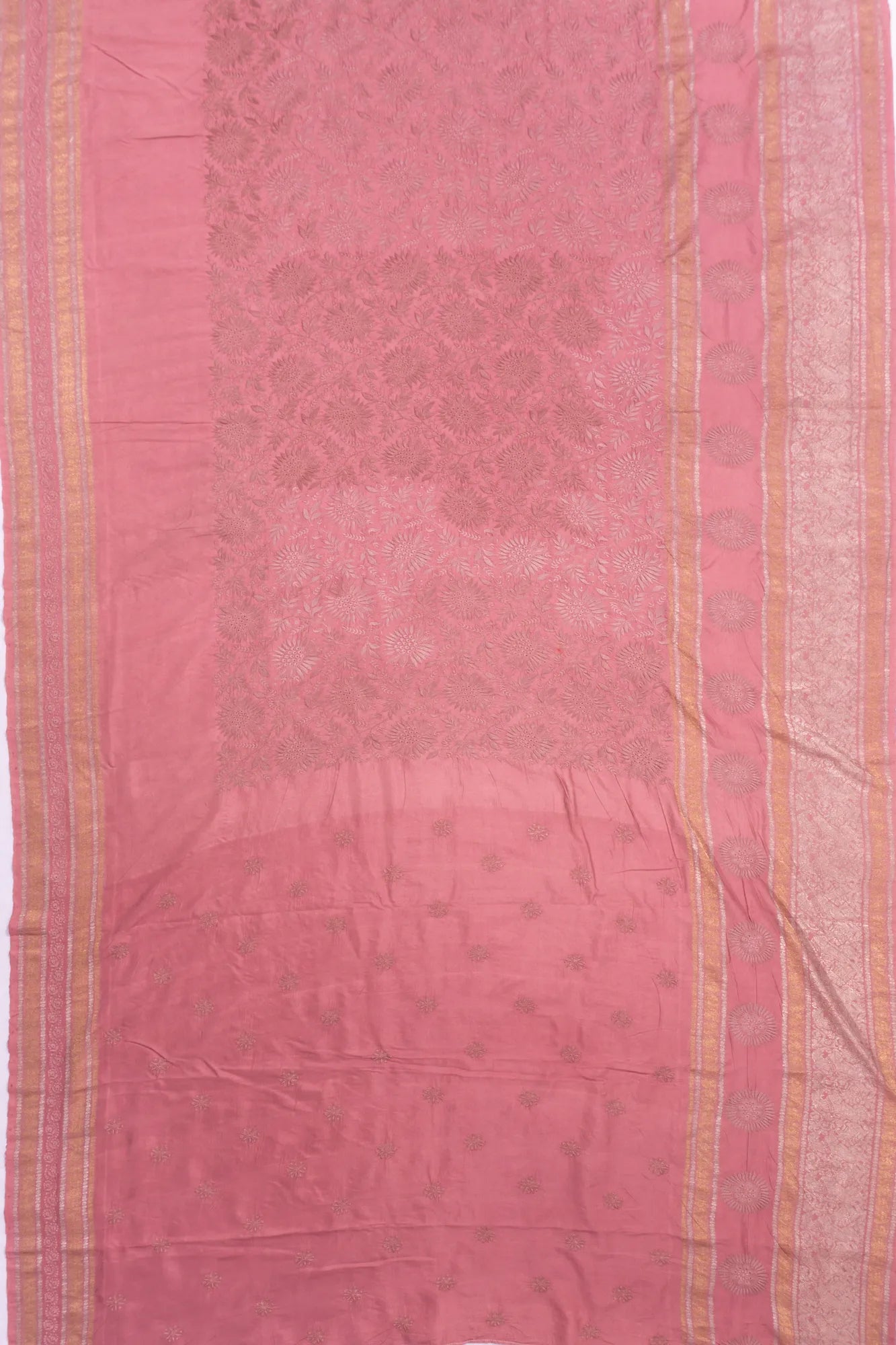 Kanchipuram X Chikankari Silk Embroidery Brocade Peach Saree