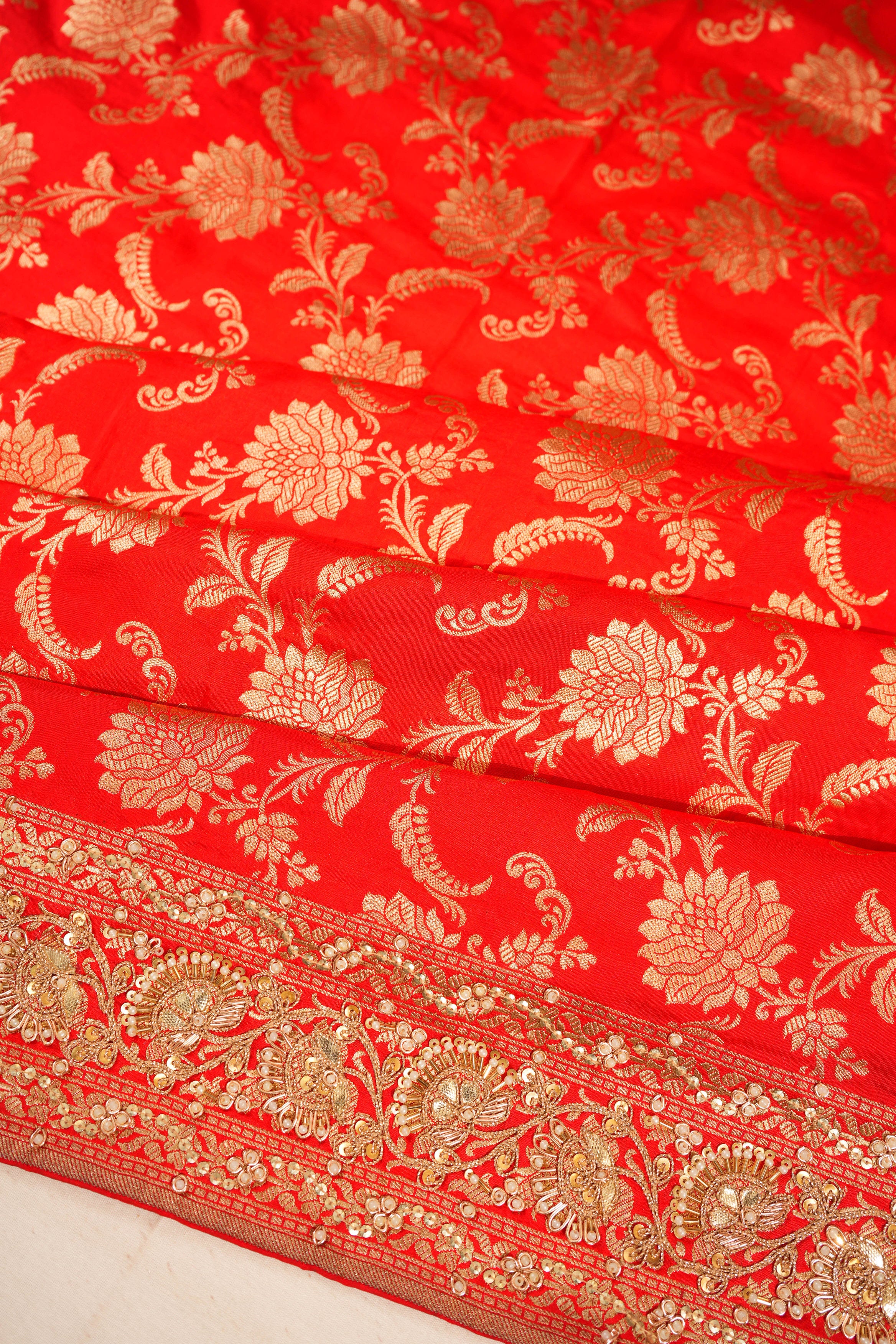 Banarasi Silk Jaal Red Saree With Zardosi Border