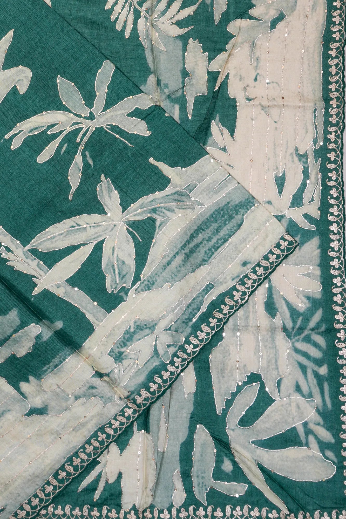 Tussar Floral Printed Green Saree With Embroidery Outline