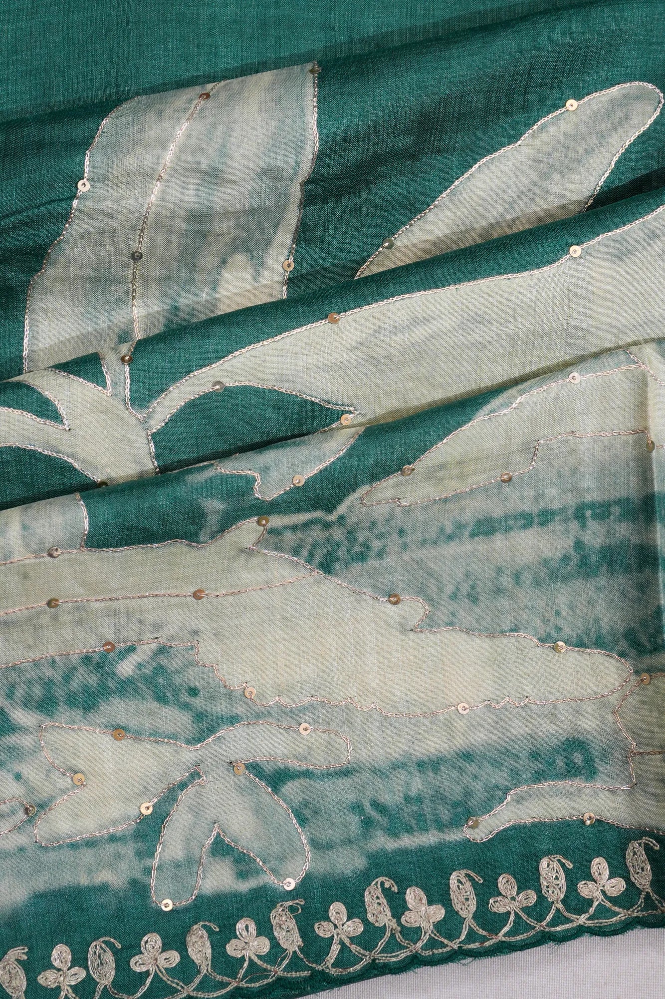 Tussar Floral Printed Green Saree With Embroidery Outline