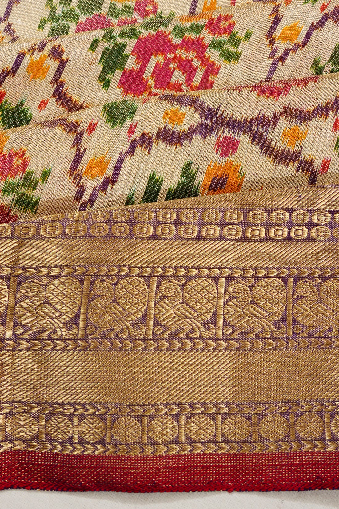 Kanchipuram Silk Twill Ikat Cream Saree