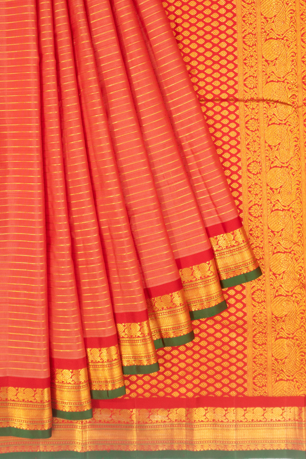 Classic Kanchipuram Silk Oosi Lines Dual Tone Red And Peach Saree