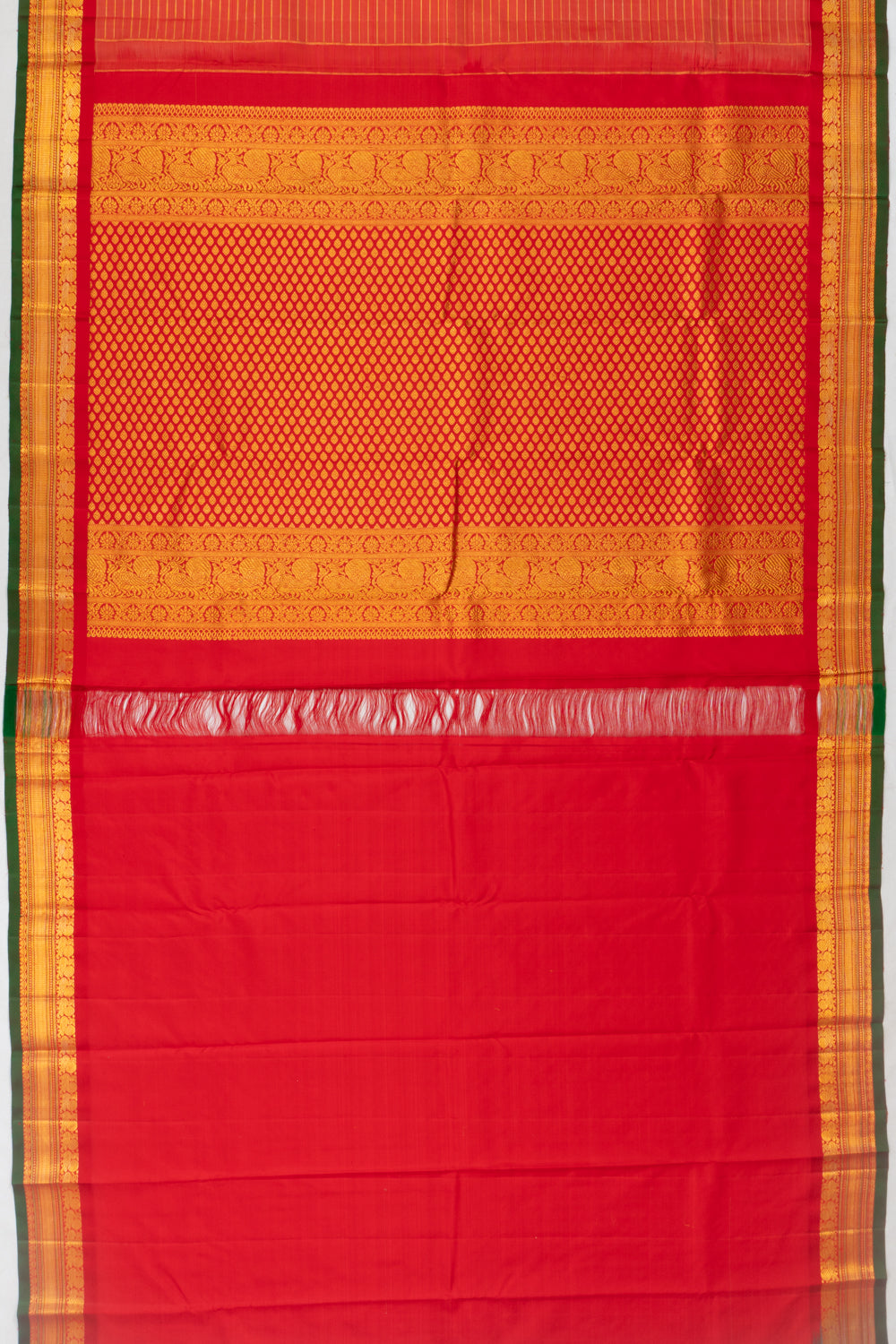 Classic Kanchipuram Silk Oosi Lines Dual Tone Red And Peach Saree