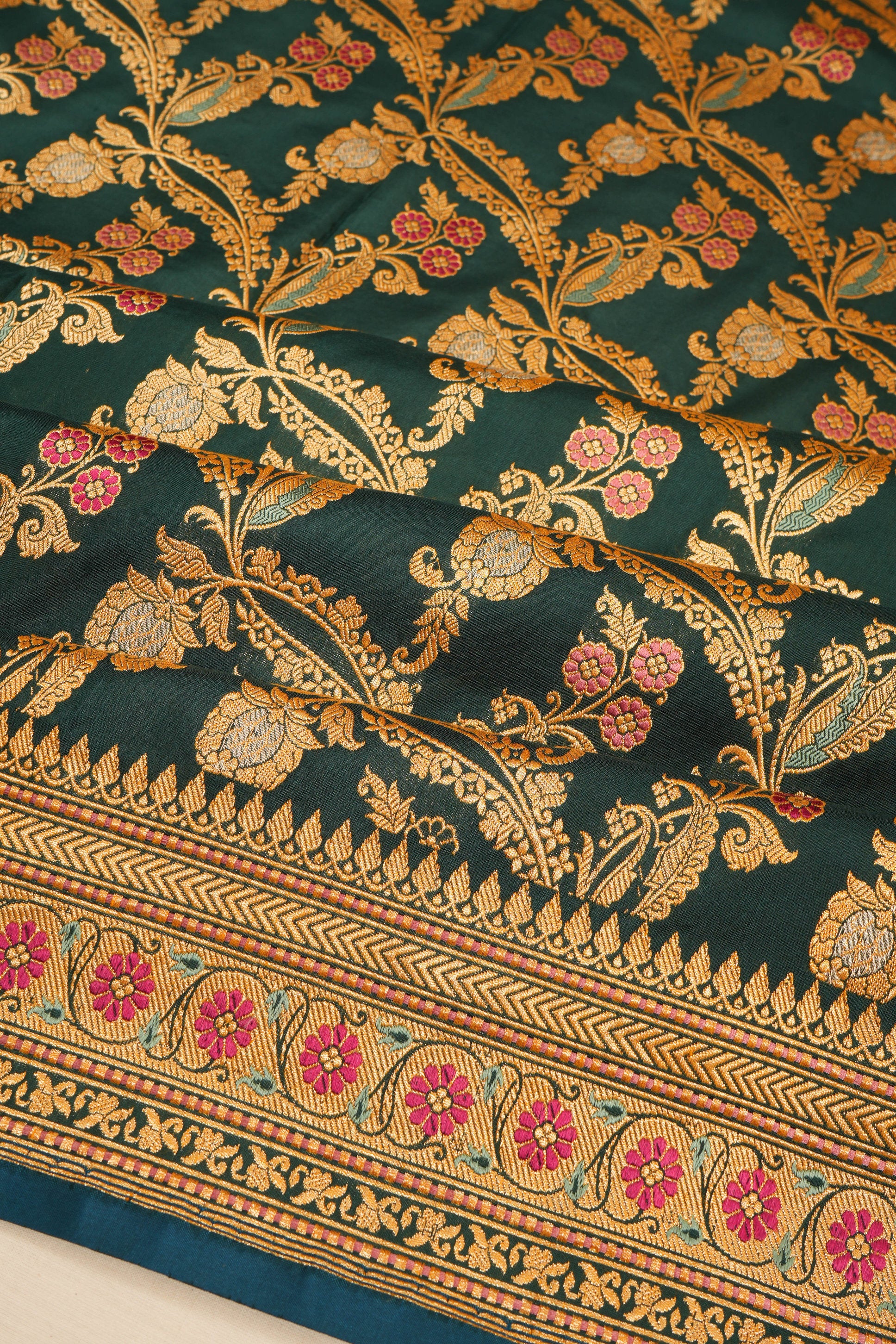Banarasi Silk Brocade Bottle Green Saree