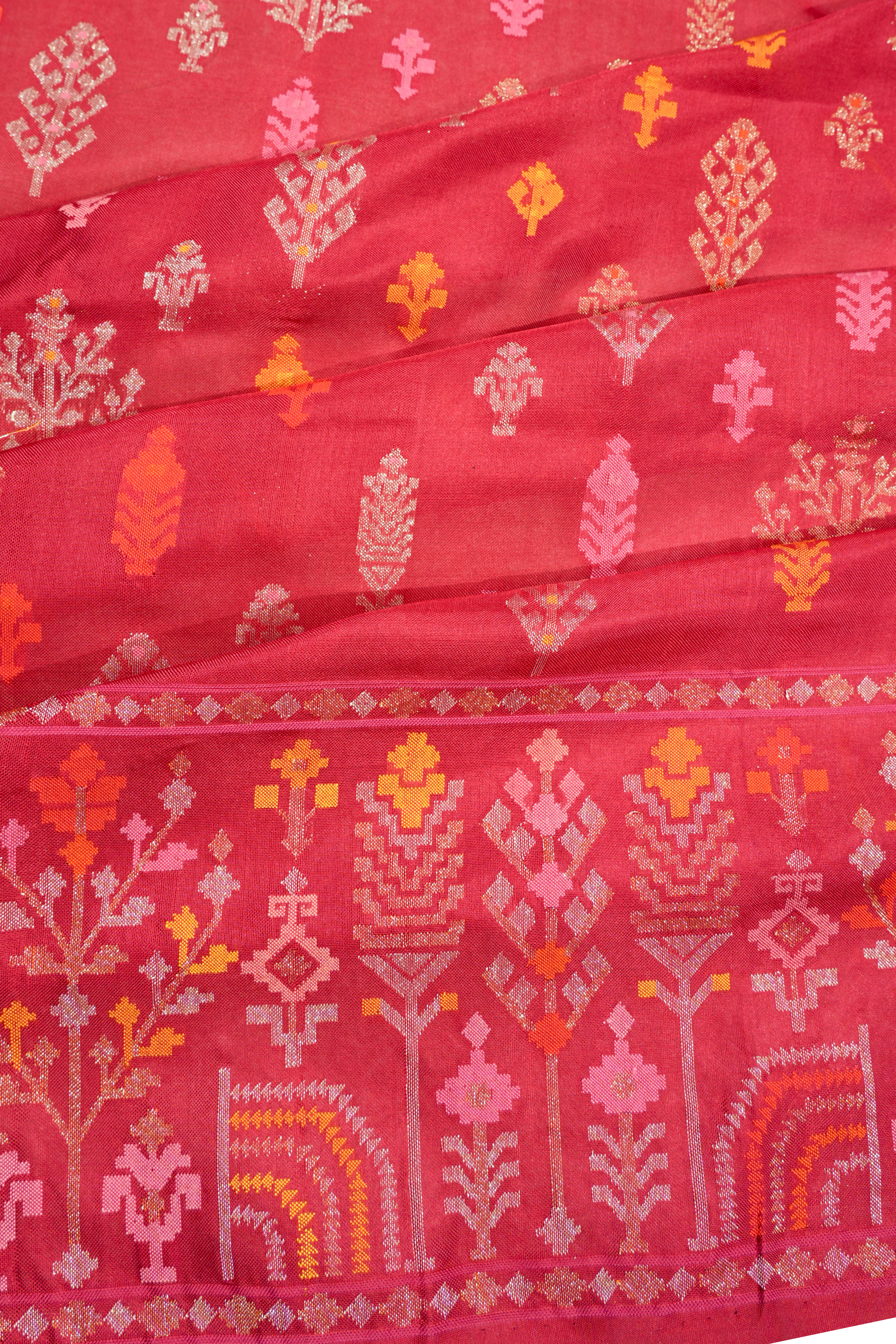 Banarasi Silk Jamdani Butta Red And Pink Saree 1214946918