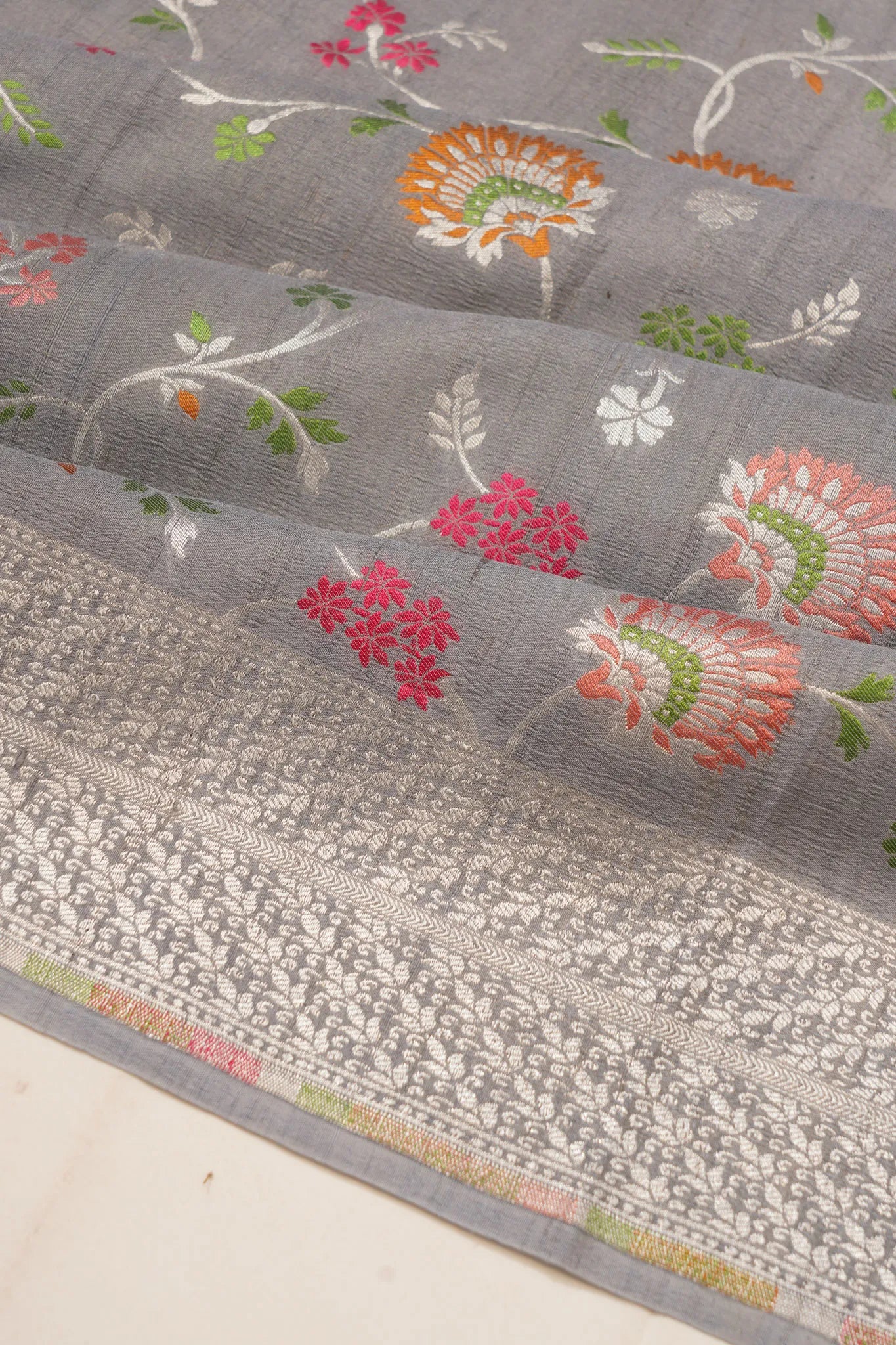 Banarasi Tussar Georgette Jaal Grey Saree