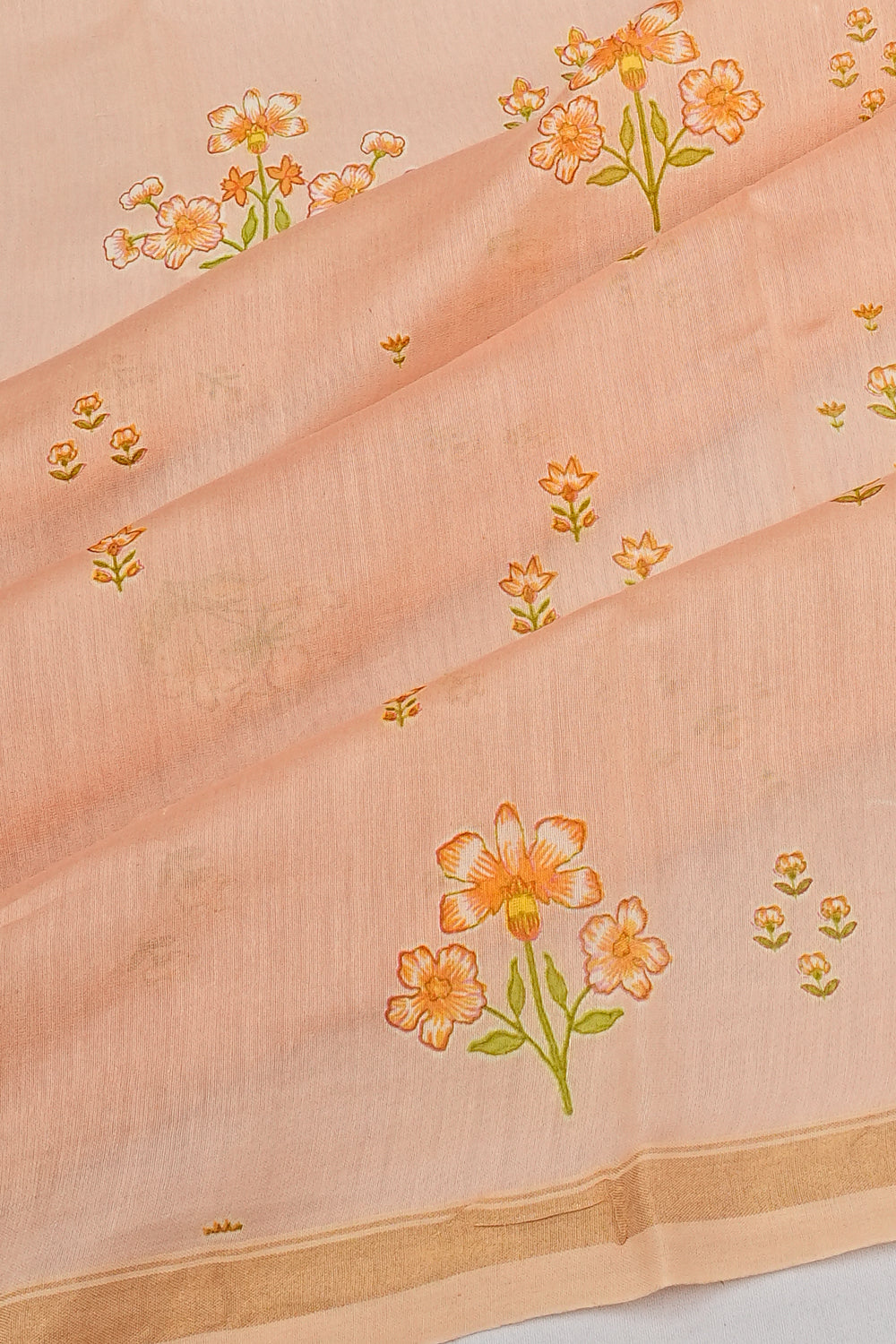 Chanderi Cotton Floral Printed Pastel Orange Saree 1214962036