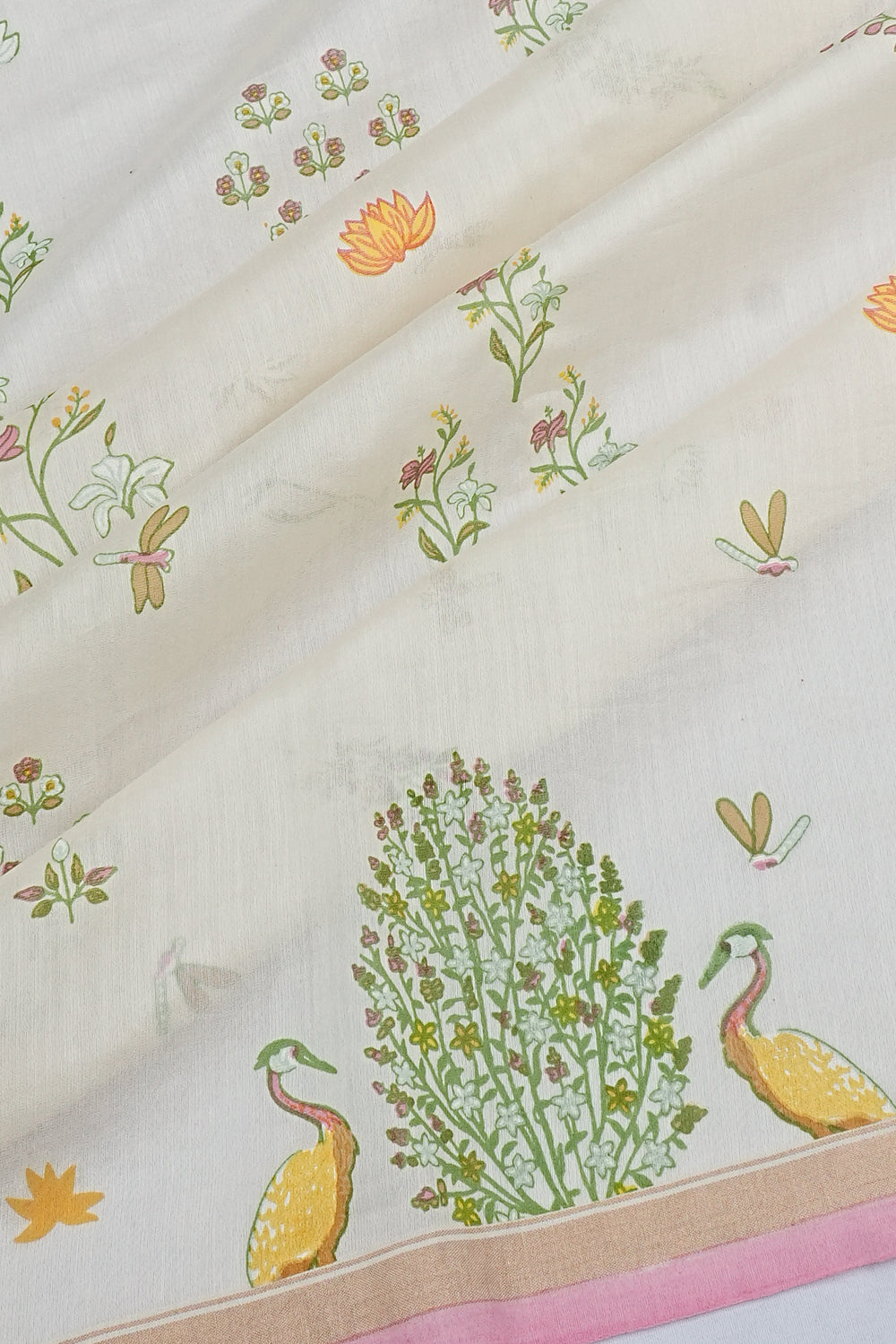 Chanderi Cotton Floral Printed White Saree