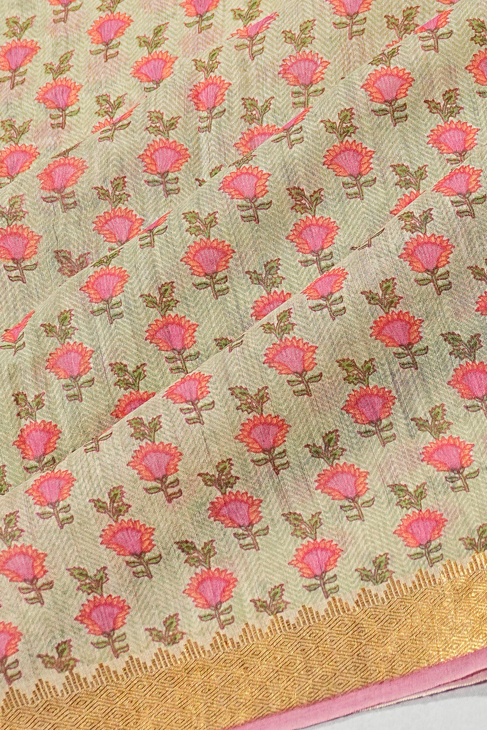 Chanderi Cotton Floral Printed Cream Saree