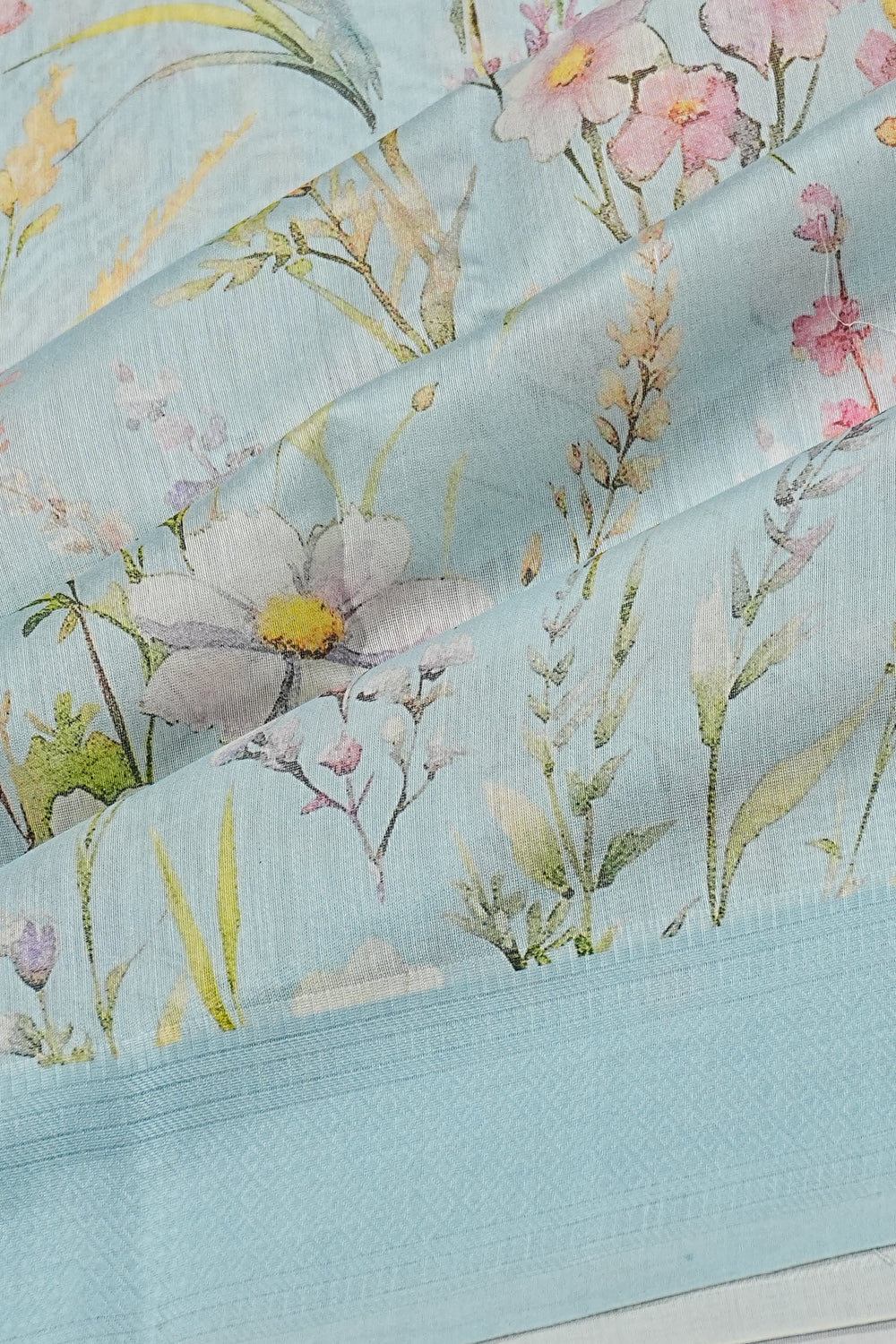Chanderi Cotton Floral Printed Pastel Blue Saree