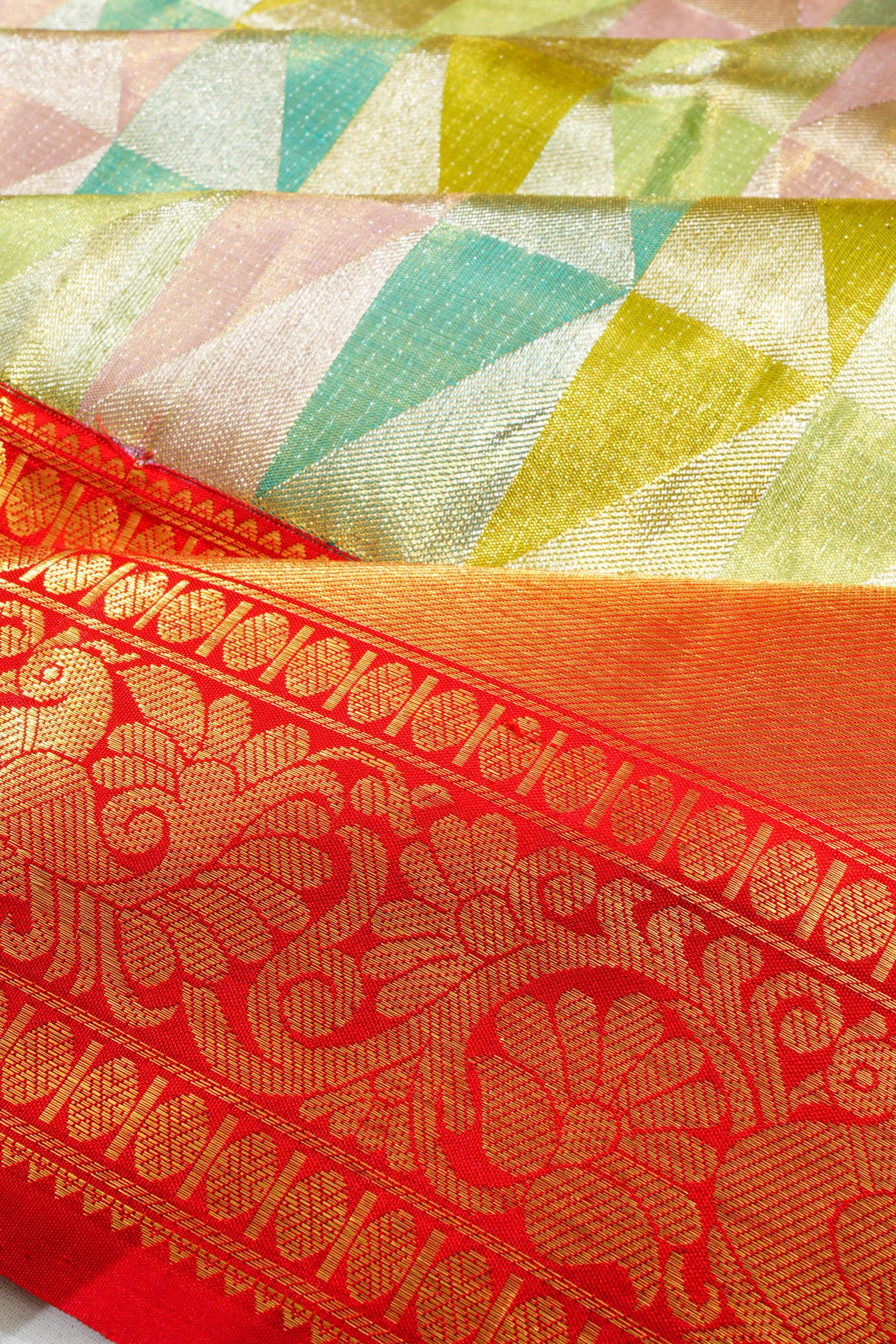 Kanchipuram Silk Tissue Geometrical Brocade Multicolour Saree