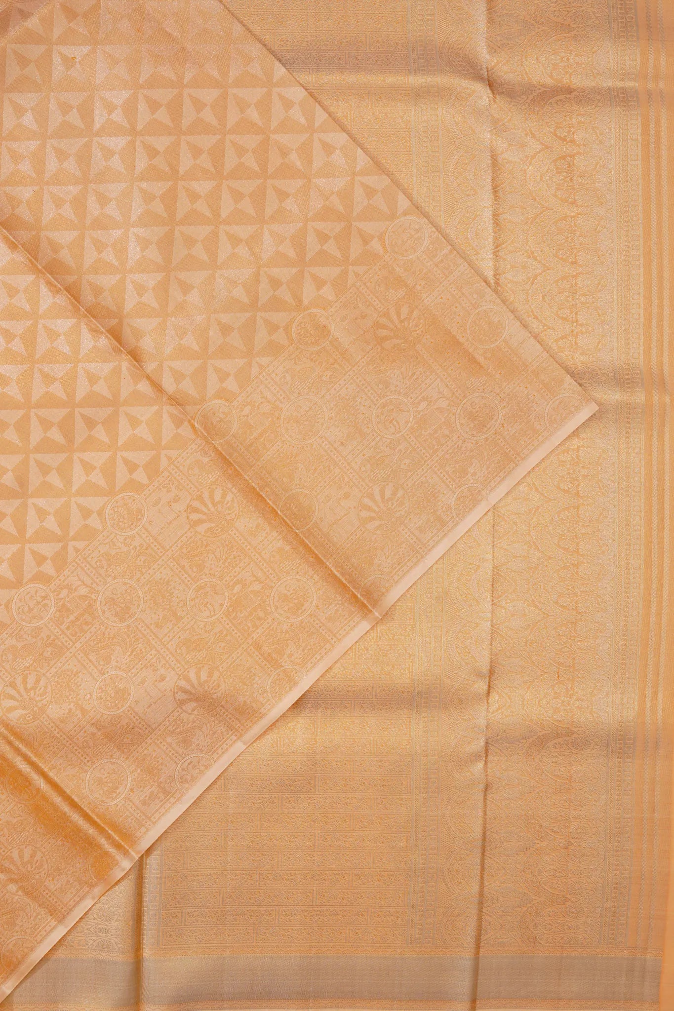 Kanchipuram Silk Tissue Geometrical Brocade Pastel Orange Saree