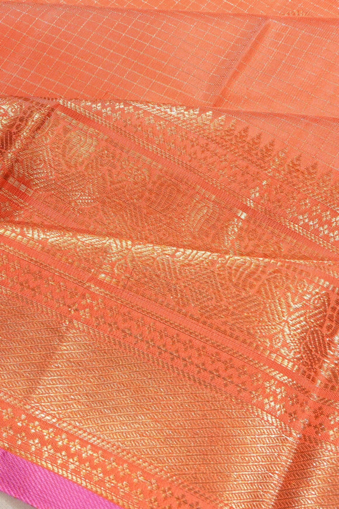 Kanchipuram Silk Checks And Butta Pastel Orange Saree