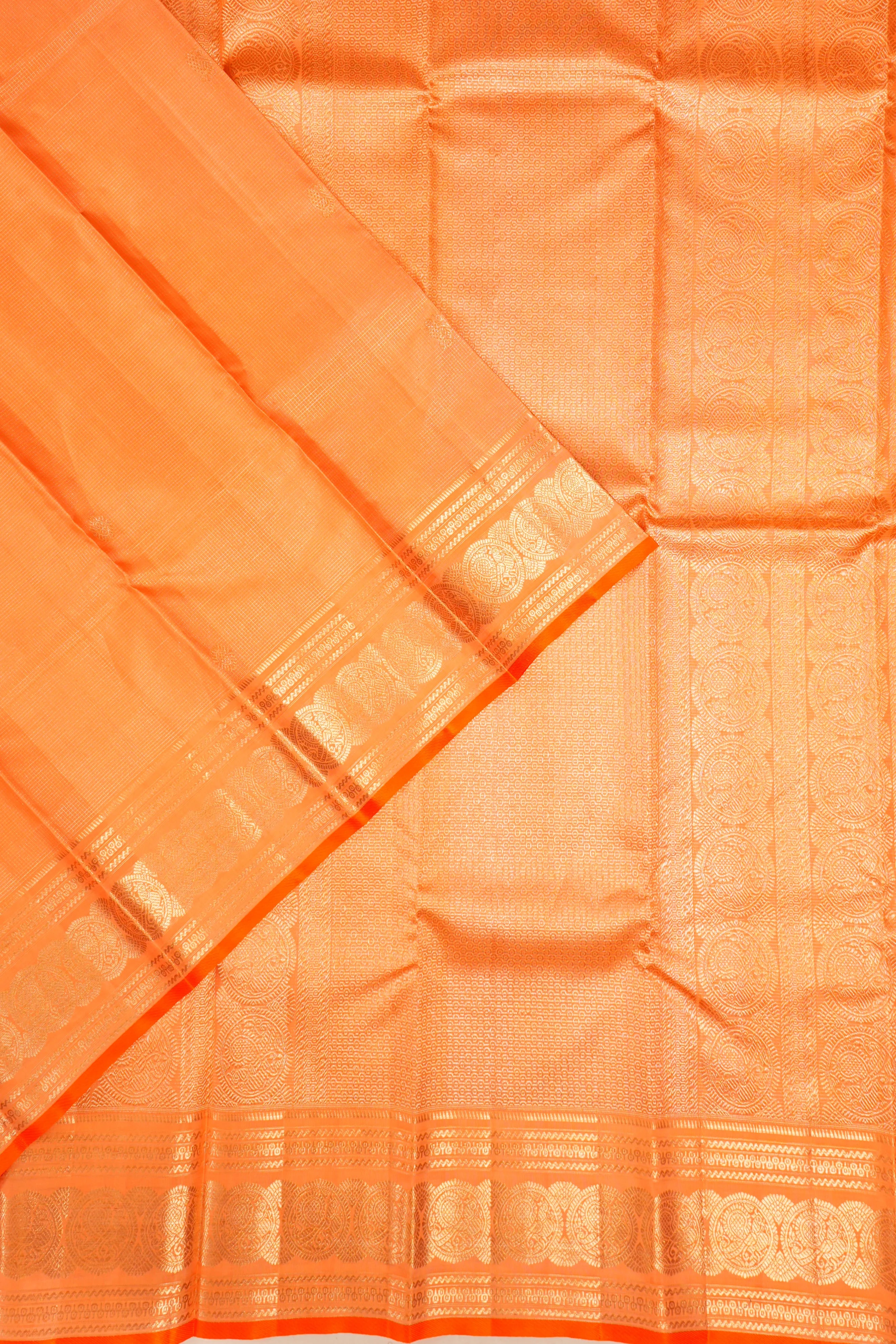 Kanchipuram Silk Checks And Butta Orange Saree