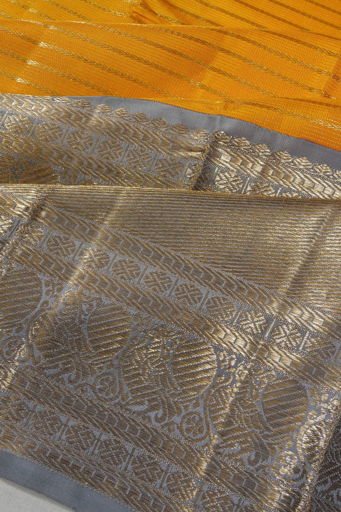 Kanchipuram Silk Horizontal Lines Yellow Saree